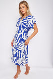 8Pcs Blue Leaf Print Short Sleeve V Neck Midi Dress