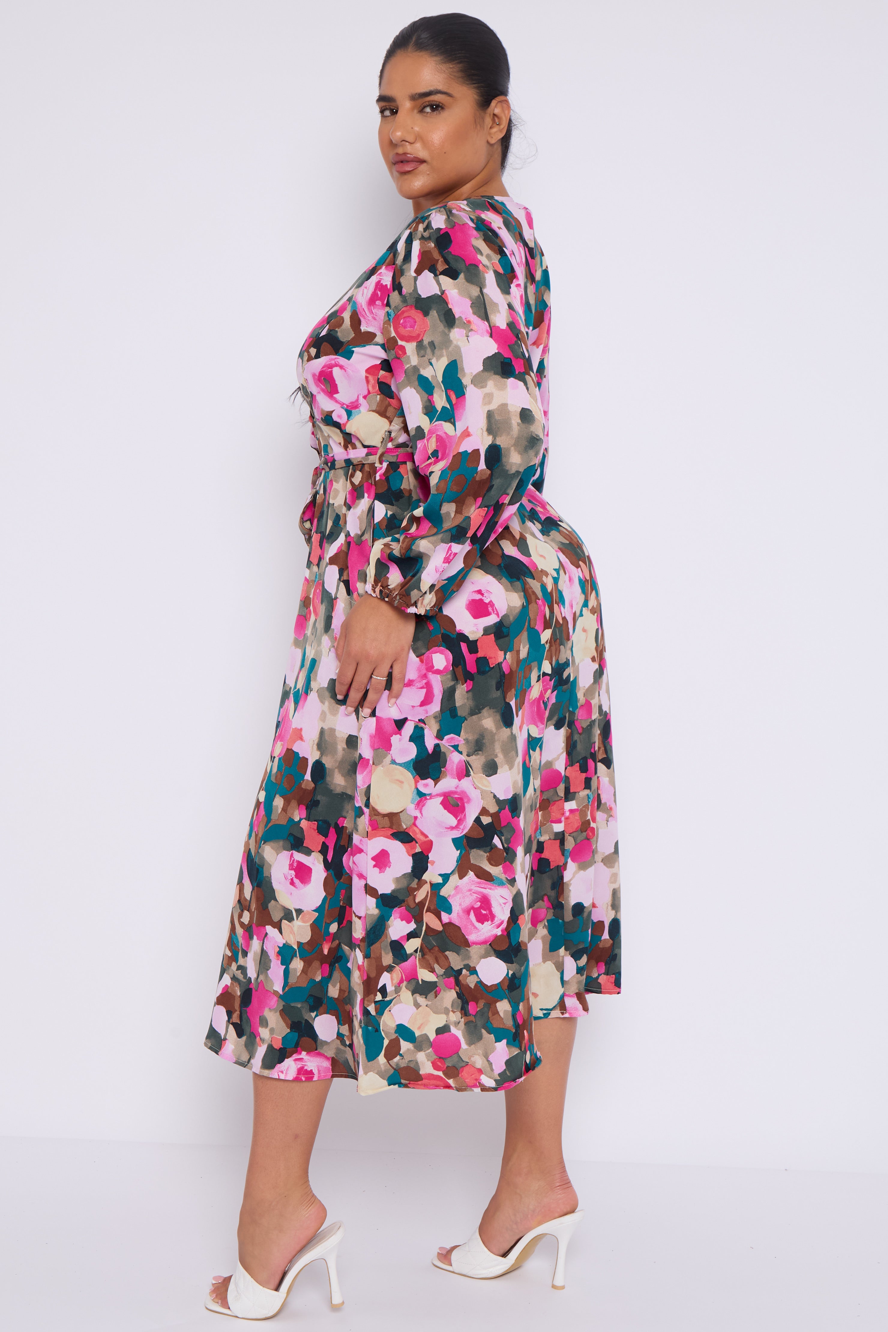 8Pcs Roses Print Teal Crossover Midi Dress