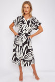 8Pcs Black Leaf Print Short Sleeve V Neck Midi Dress