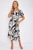 8Pcs Black Leaf Print Short Sleeve V Neck Midi Dress