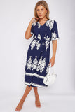 8Pcs Navy Pattern Print Short Sleeve Midi Dress