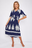 8Pcs Navy Pattern Print Short Sleeve Midi Dress