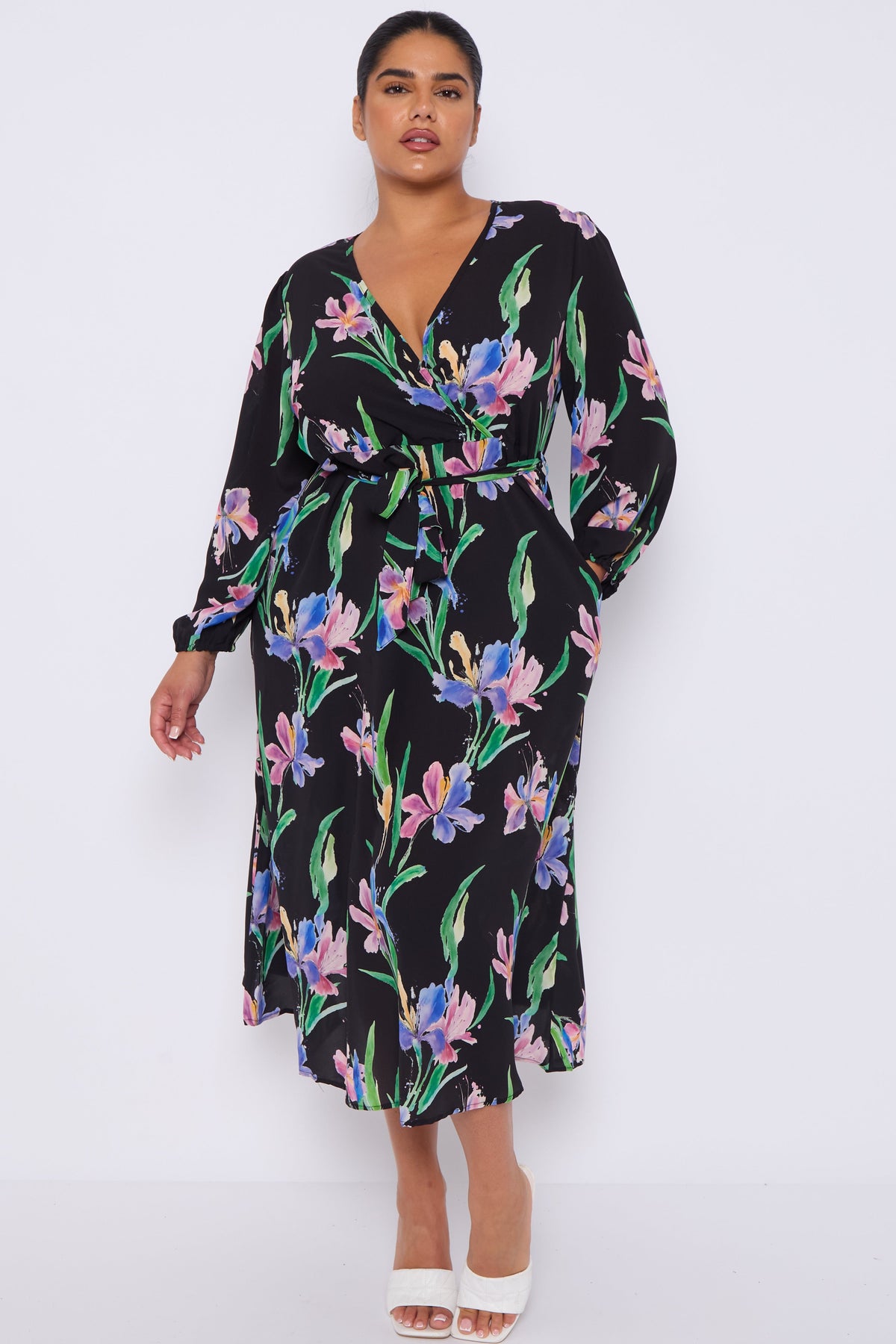 8Pcs Black Floral Crossover Belted Midi Dress