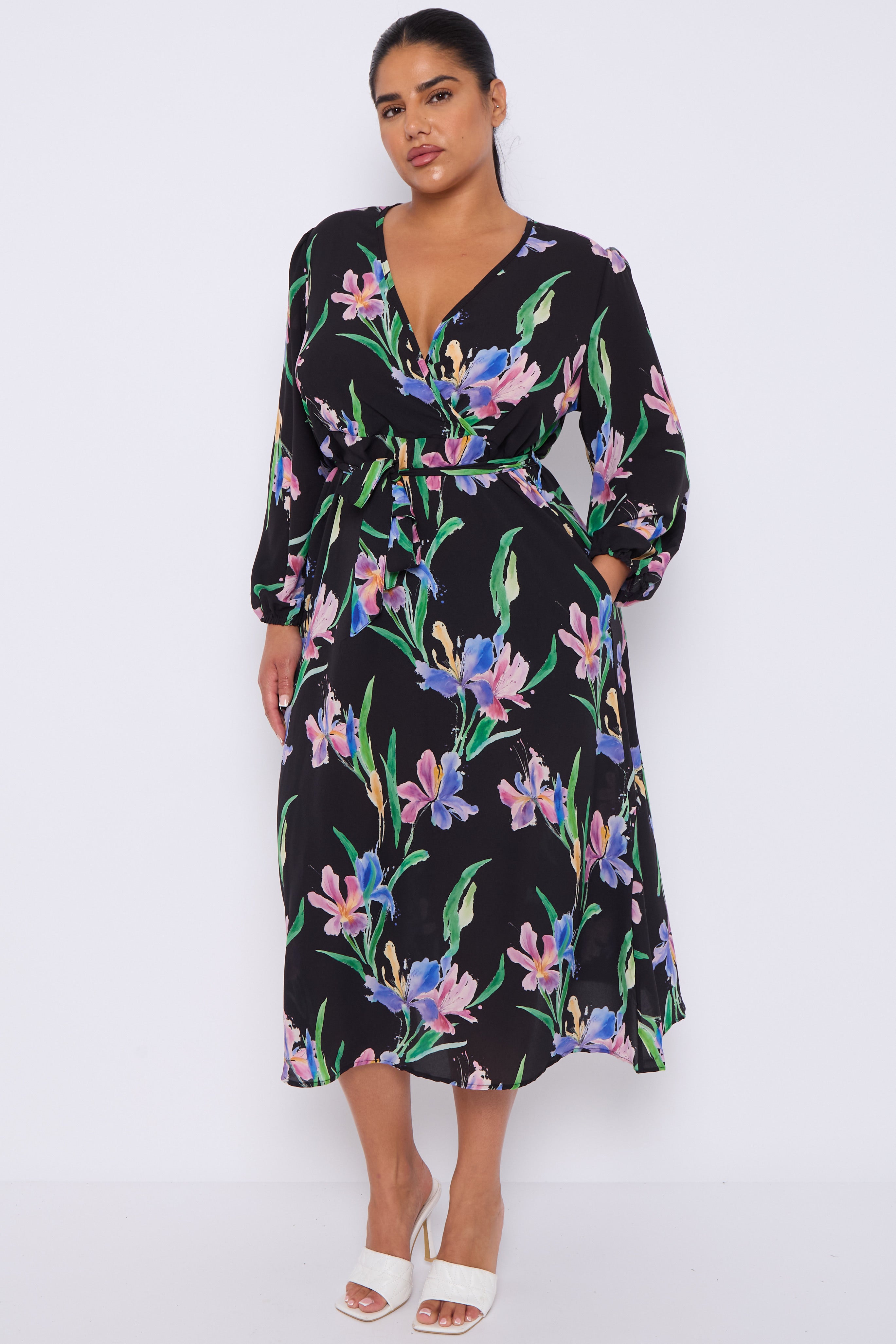 8Pcs Black Floral Crossover Belted Midi Dress