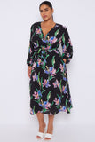8Pcs Black Floral Crossover Belted Midi Dress