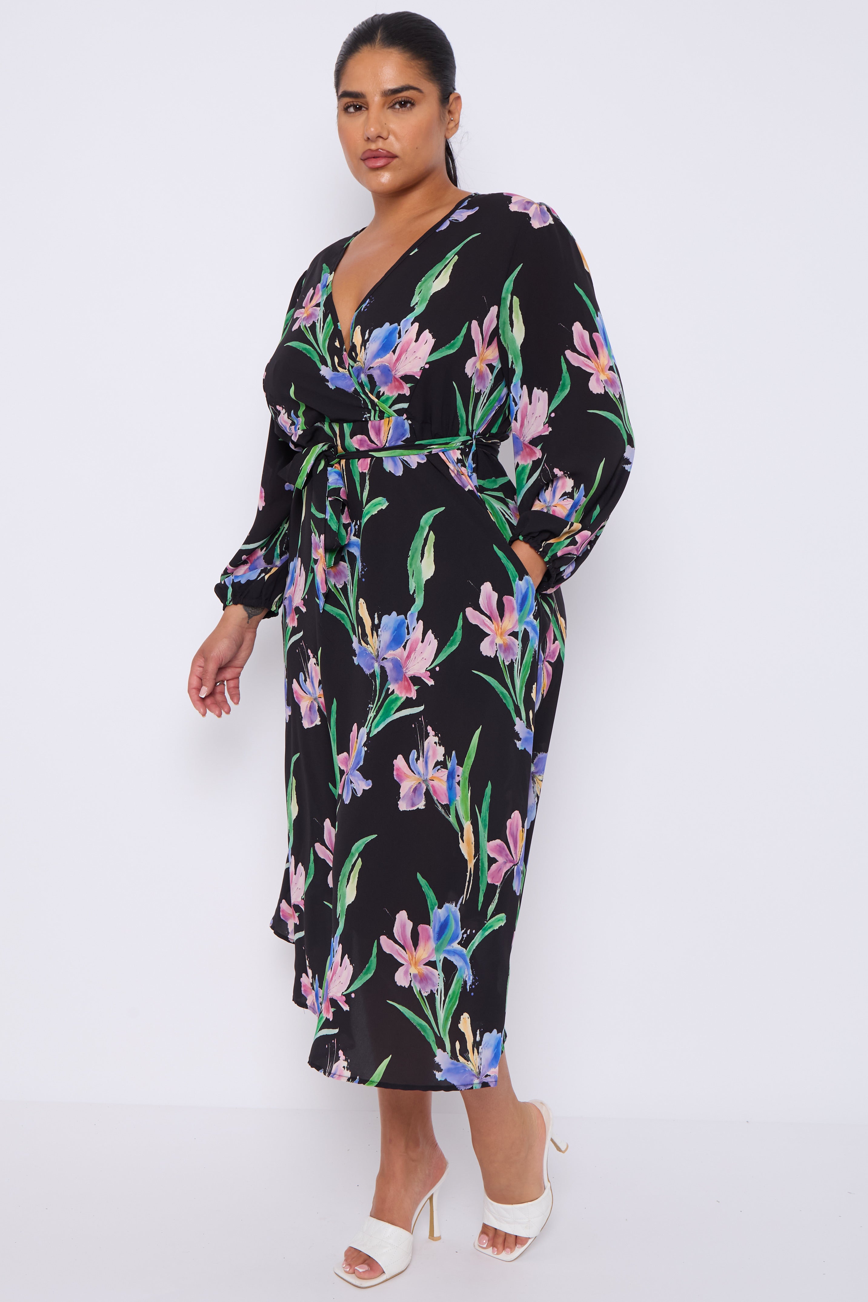 8Pcs Black Floral Crossover Belted Midi Dress