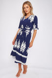 8Pcs Navy Pattern Print Short Sleeve Midi Dress