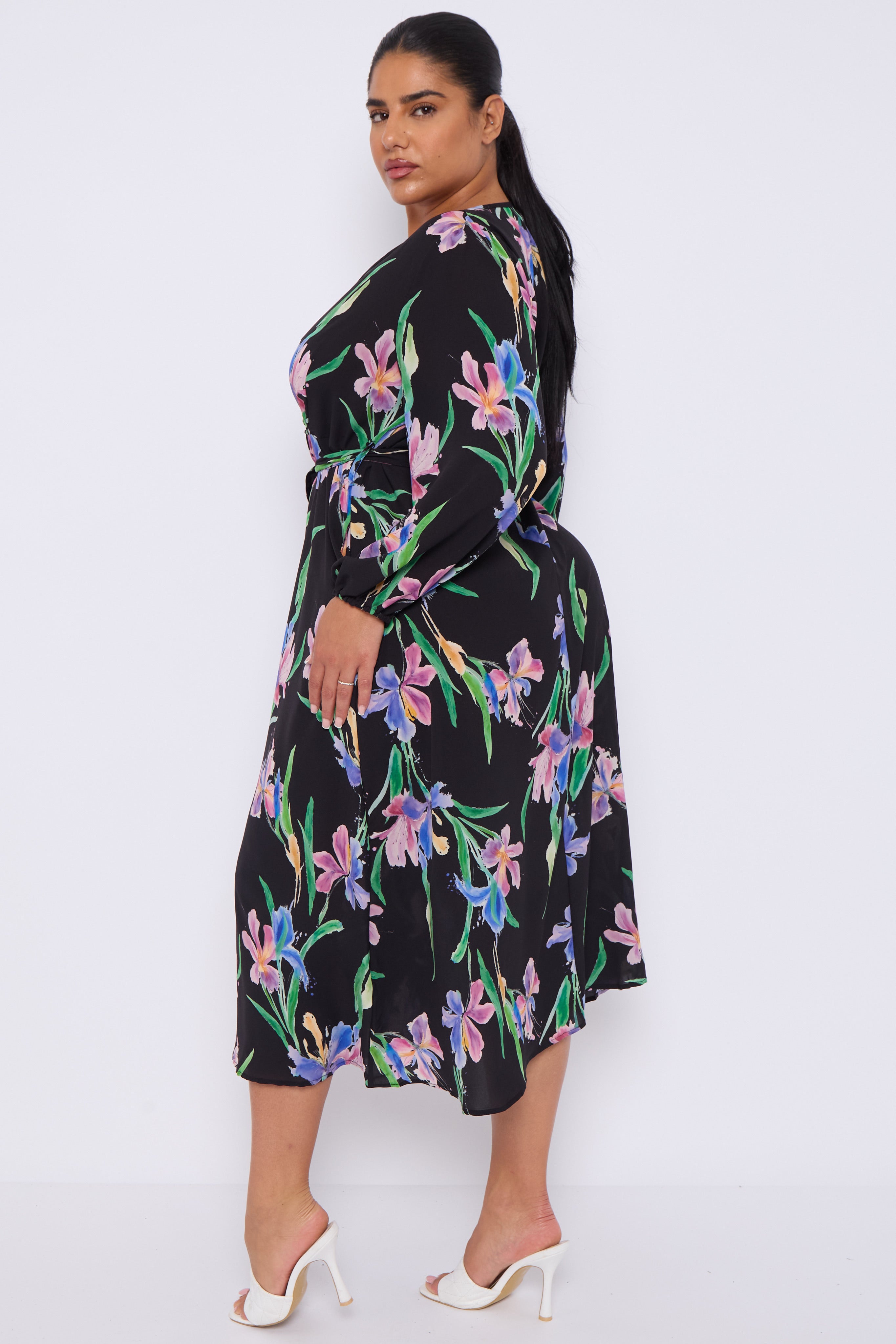8Pcs Black Floral Crossover Belted Midi Dress