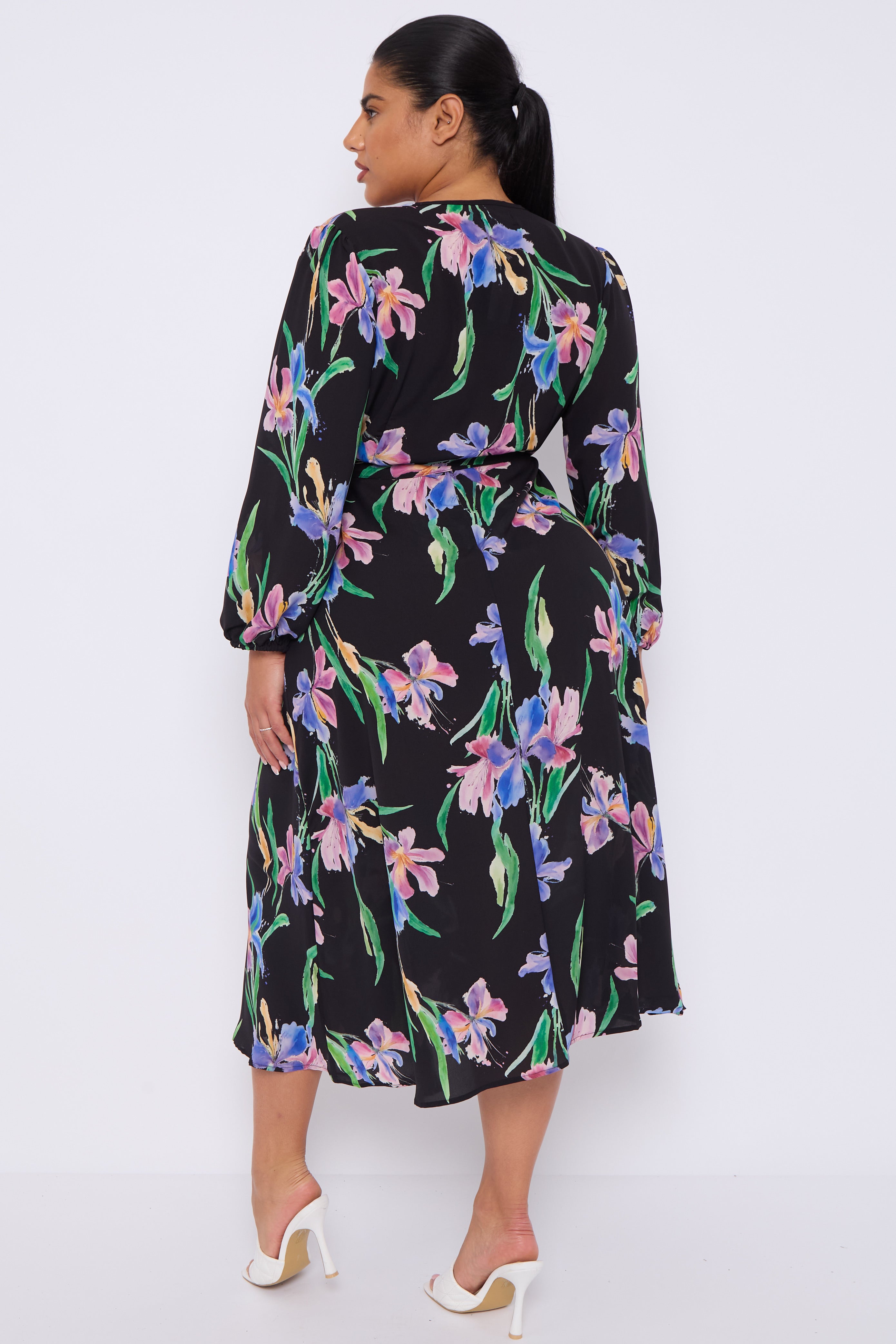 8Pcs Black Floral Crossover Belted Midi Dress