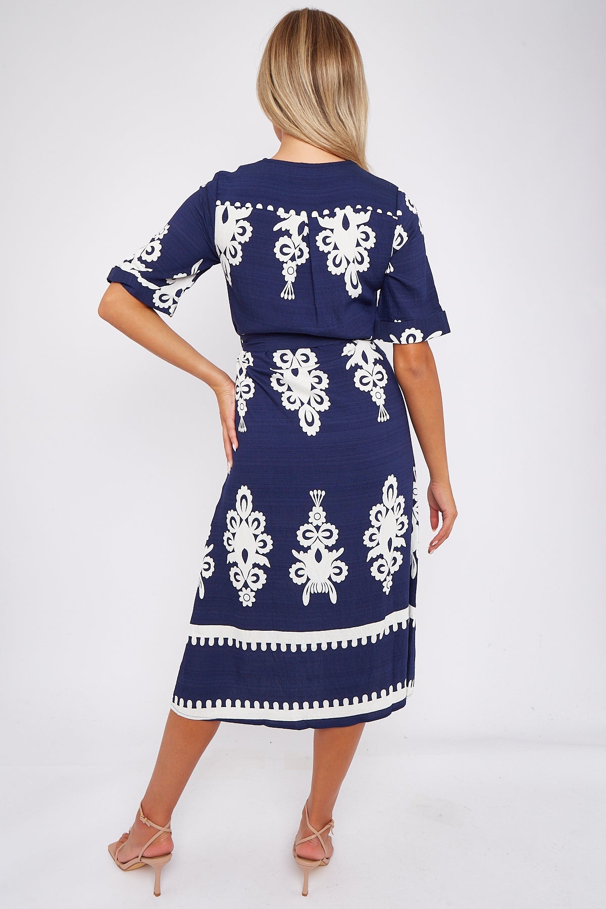 8Pcs Navy Pattern Print Short Sleeve Midi Dress