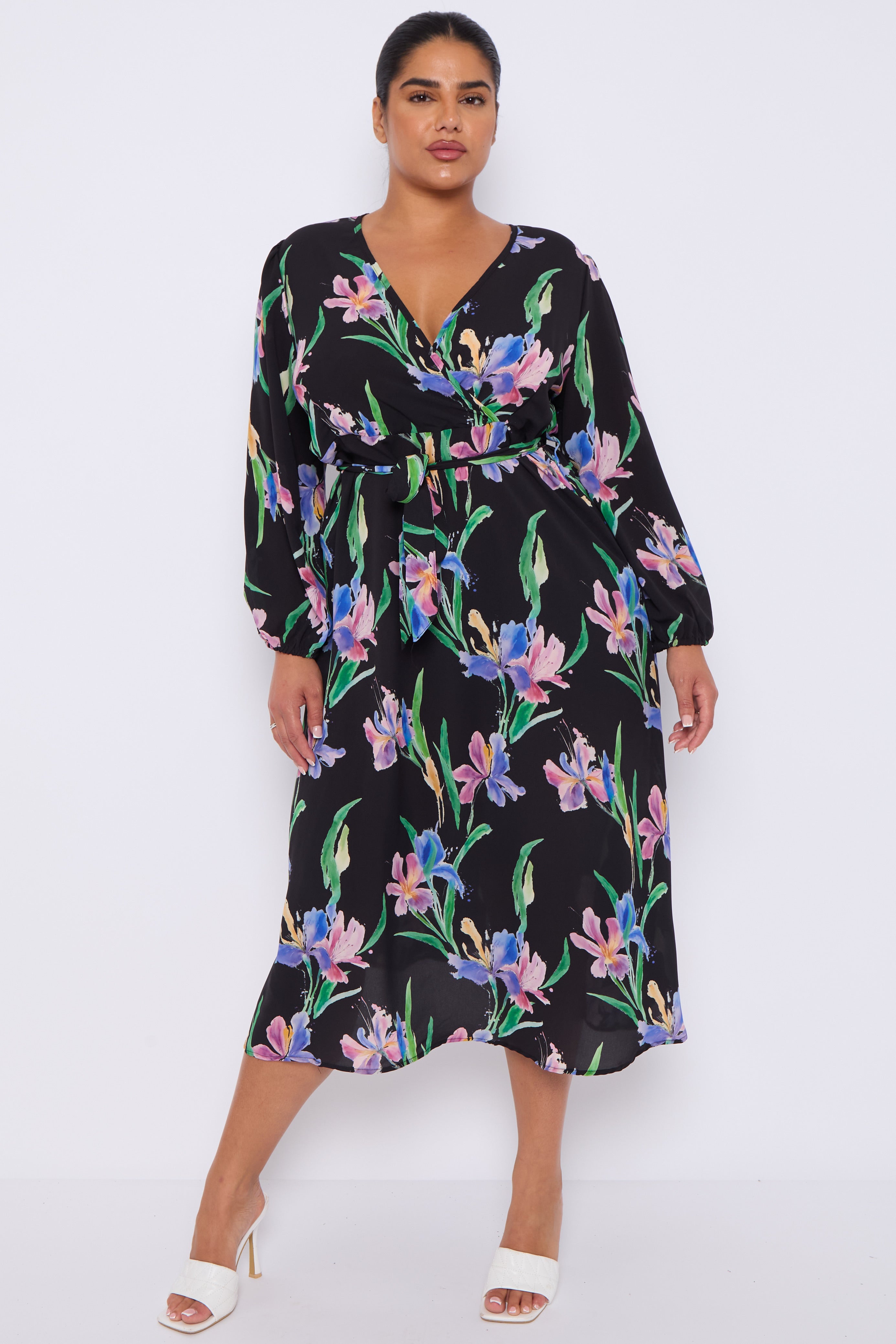 8Pcs Black Floral Crossover Belted Midi Dress