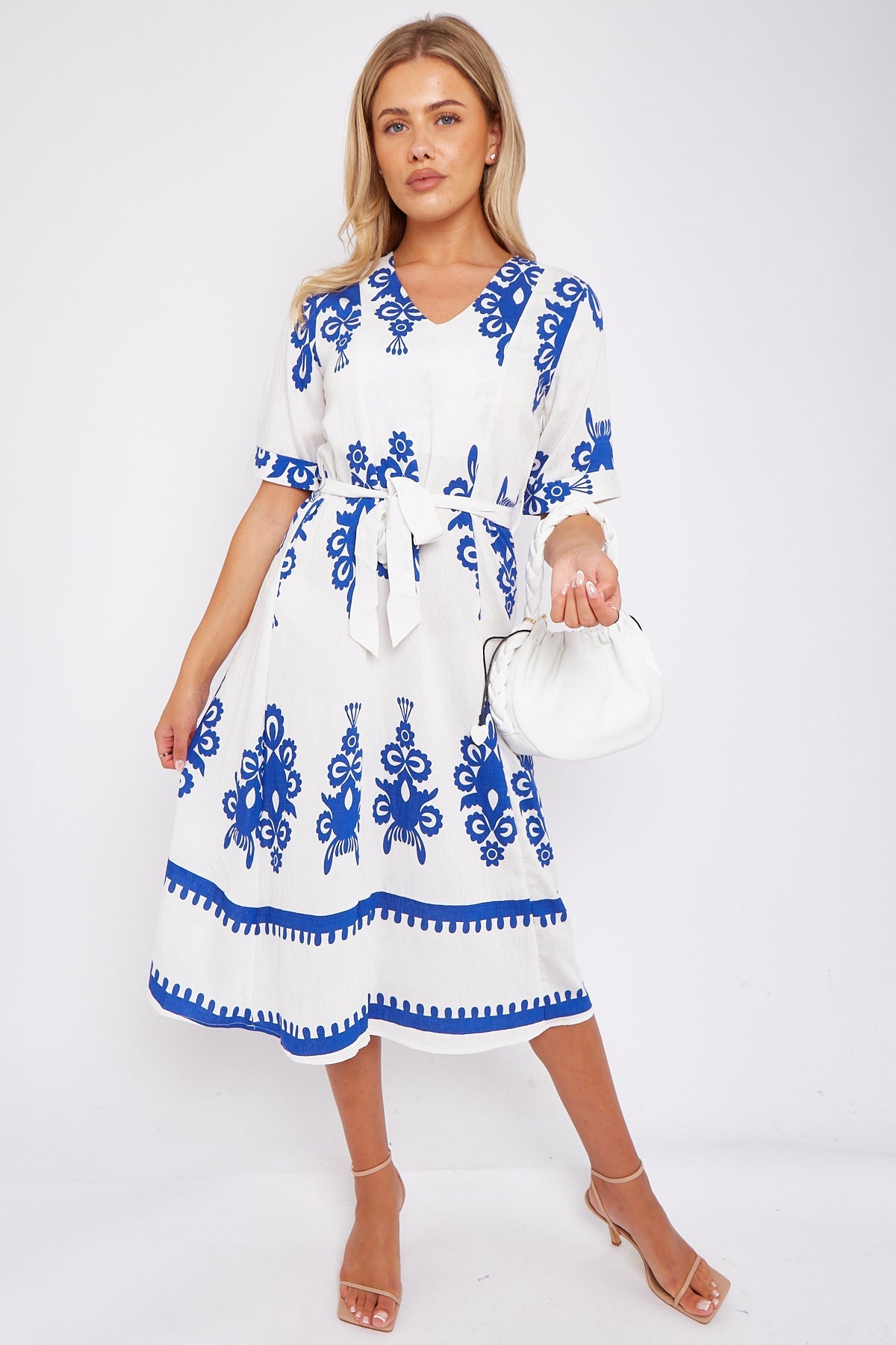 8Pcs White Pattern Print Short Sleeve Midi Dress