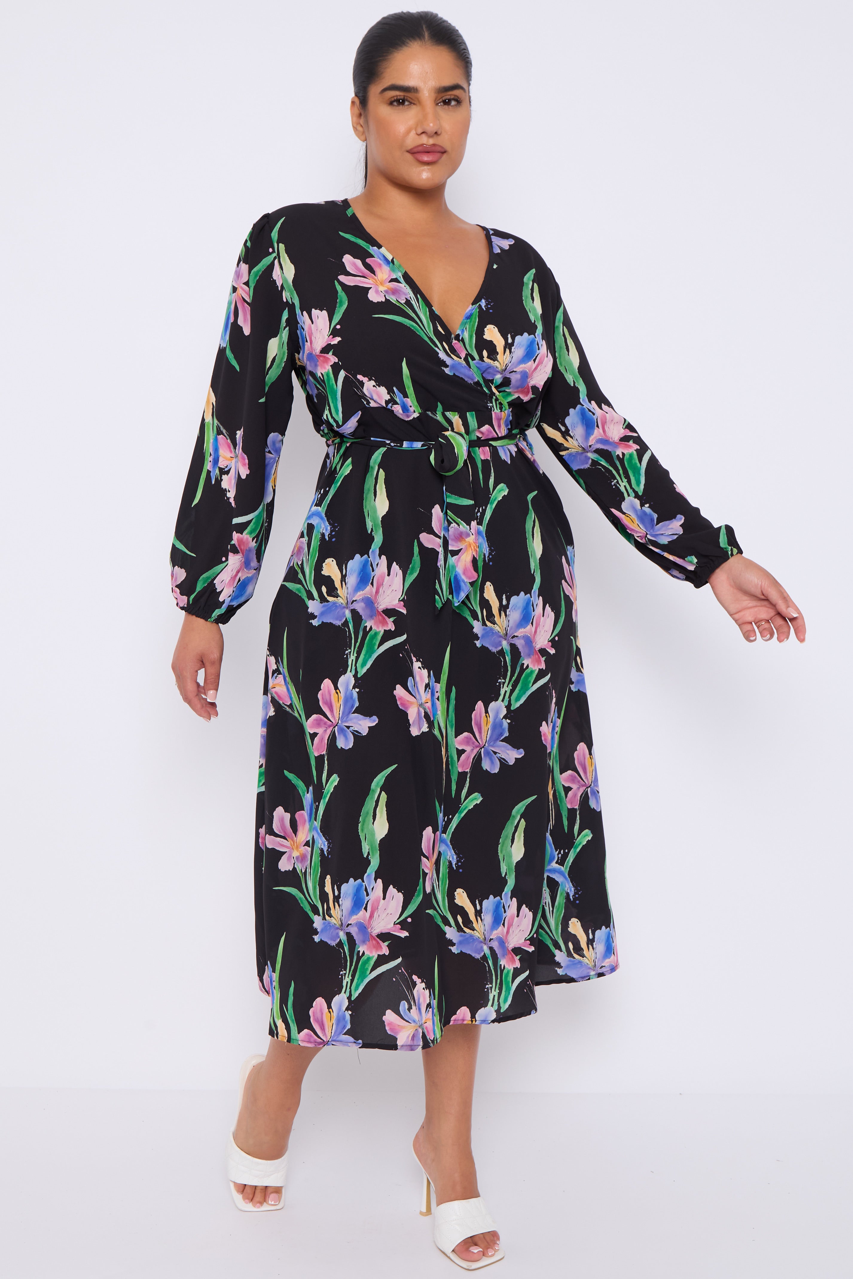 8Pcs Black Floral Crossover Belted Midi Dress