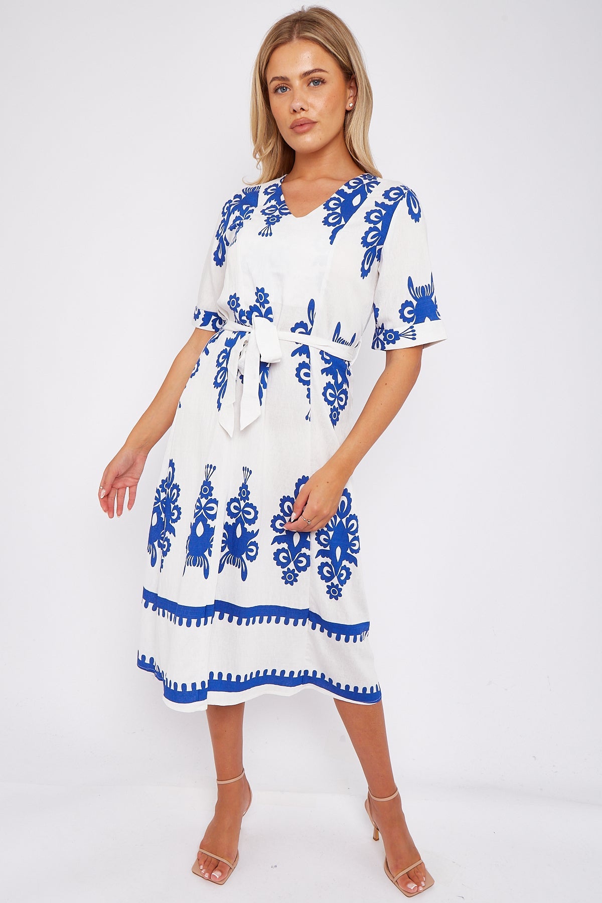 8Pcs White Pattern Print Short Sleeve Midi Dress
