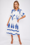 8Pcs White Pattern Print Short Sleeve Midi Dress