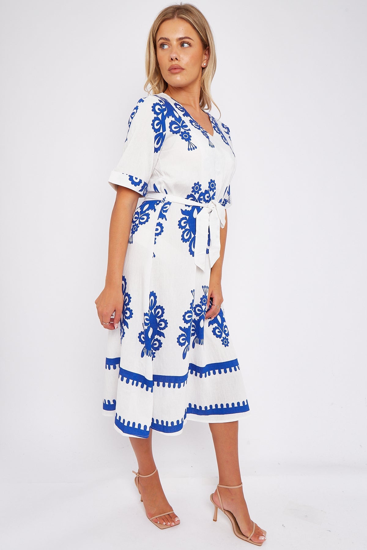 8Pcs White Pattern Print Short Sleeve Midi Dress