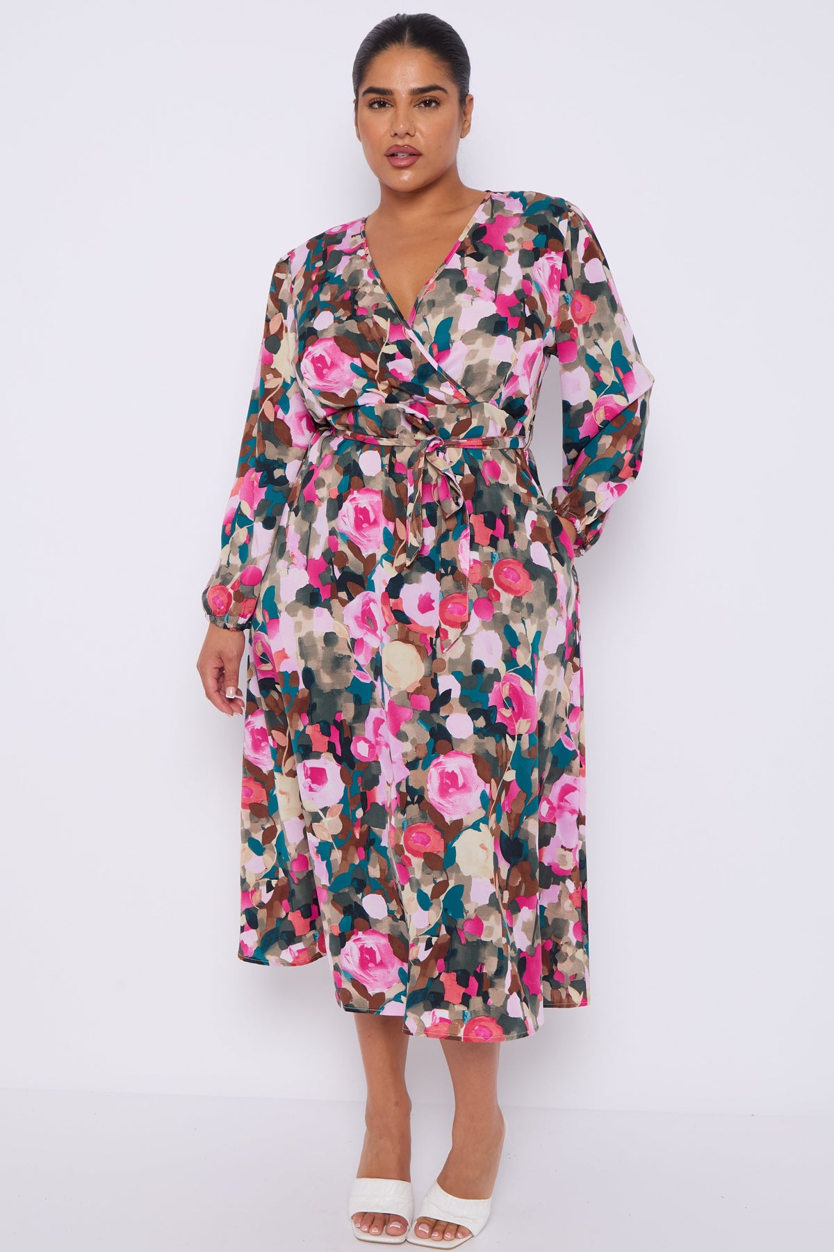 8Pcs Roses Print Teal Crossover Midi Dress