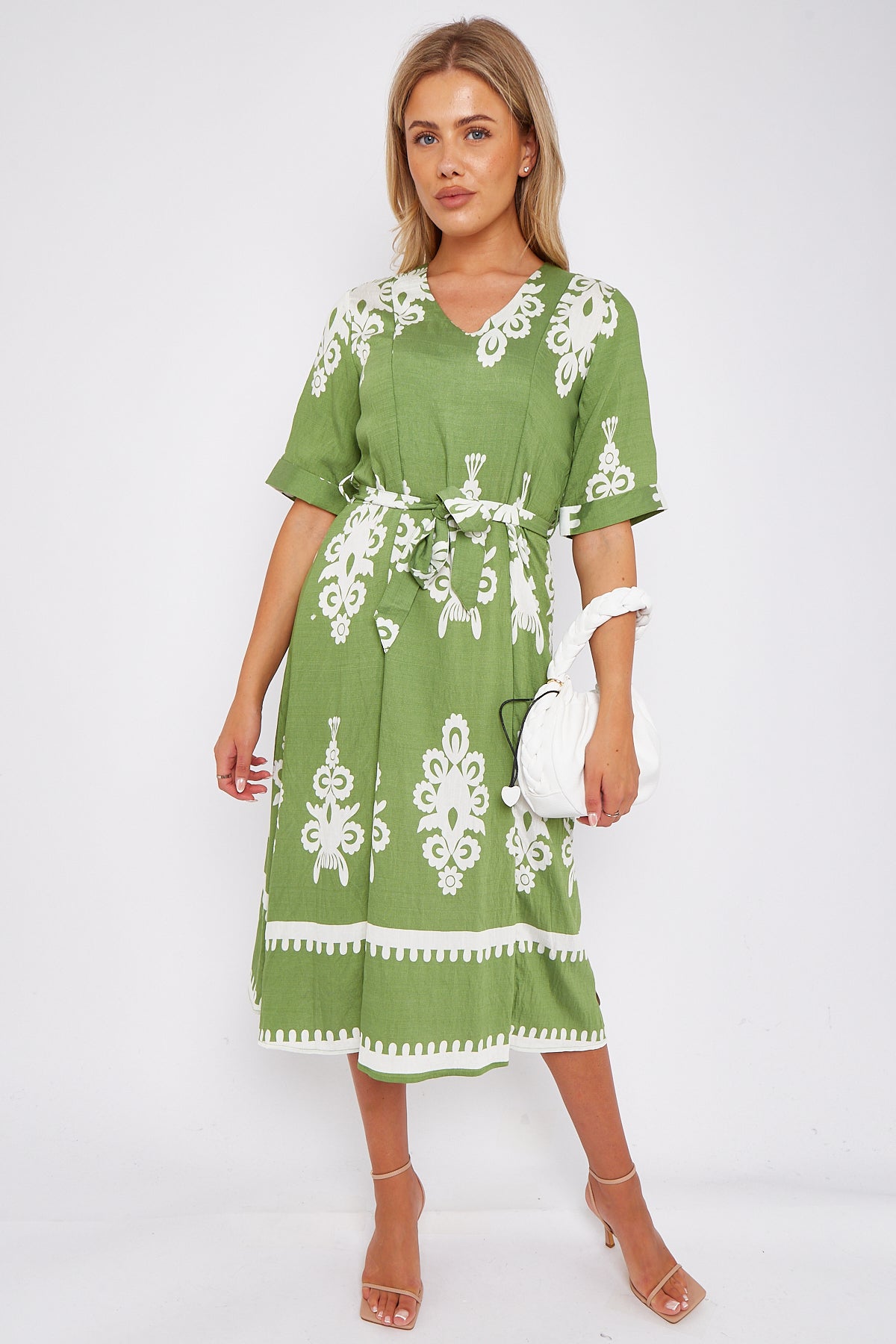 8Pcs Green Pattern Print Short Sleeve Midi Dress