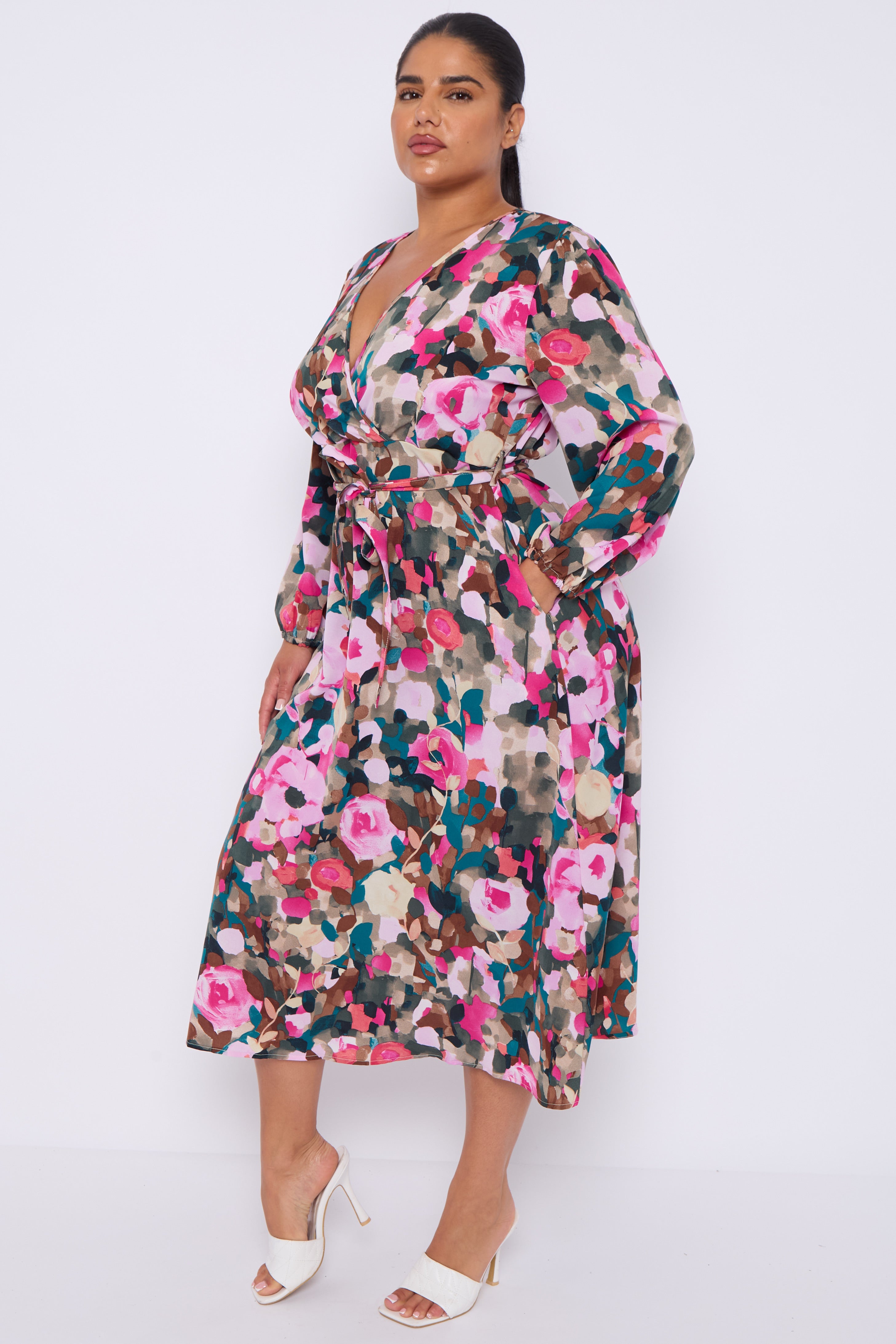 8Pcs Roses Print Teal Crossover Midi Dress