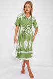8Pcs Green Pattern Print Short Sleeve Midi Dress