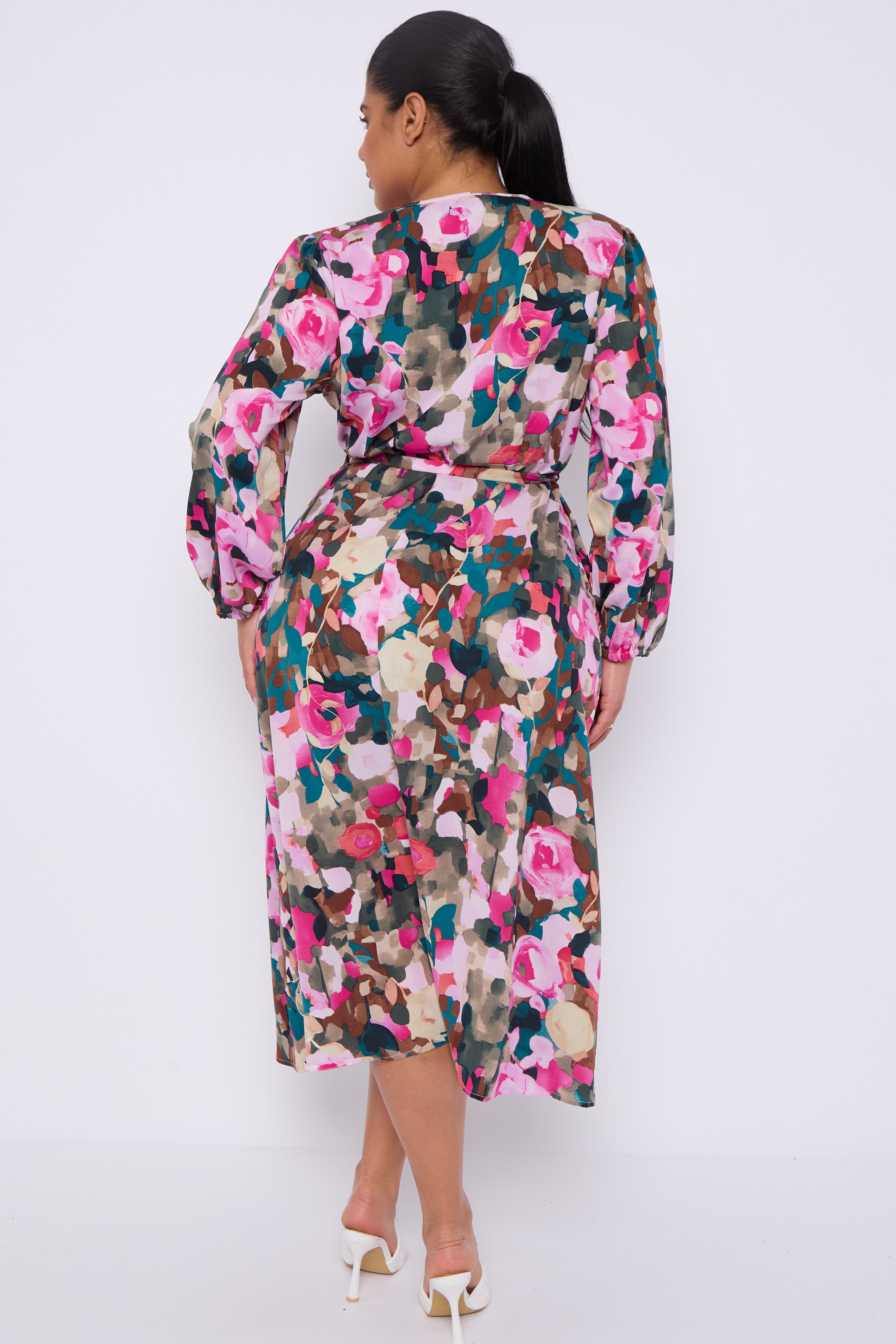 8Pcs Roses Print Teal Crossover Midi Dress
