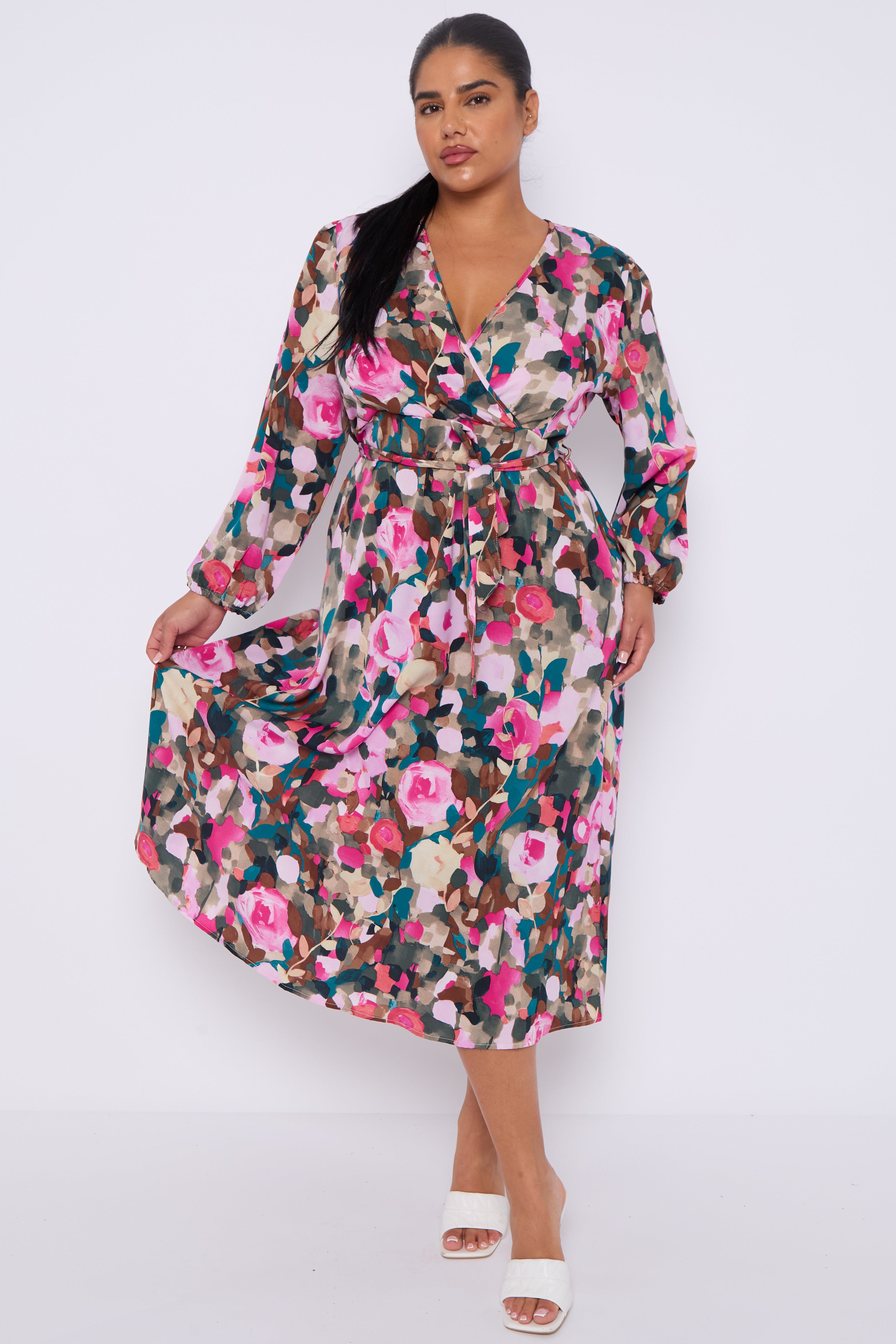 8Pcs Roses Print Teal Crossover Midi Dress