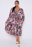 8Pcs Roses Print Teal Crossover Midi Dress