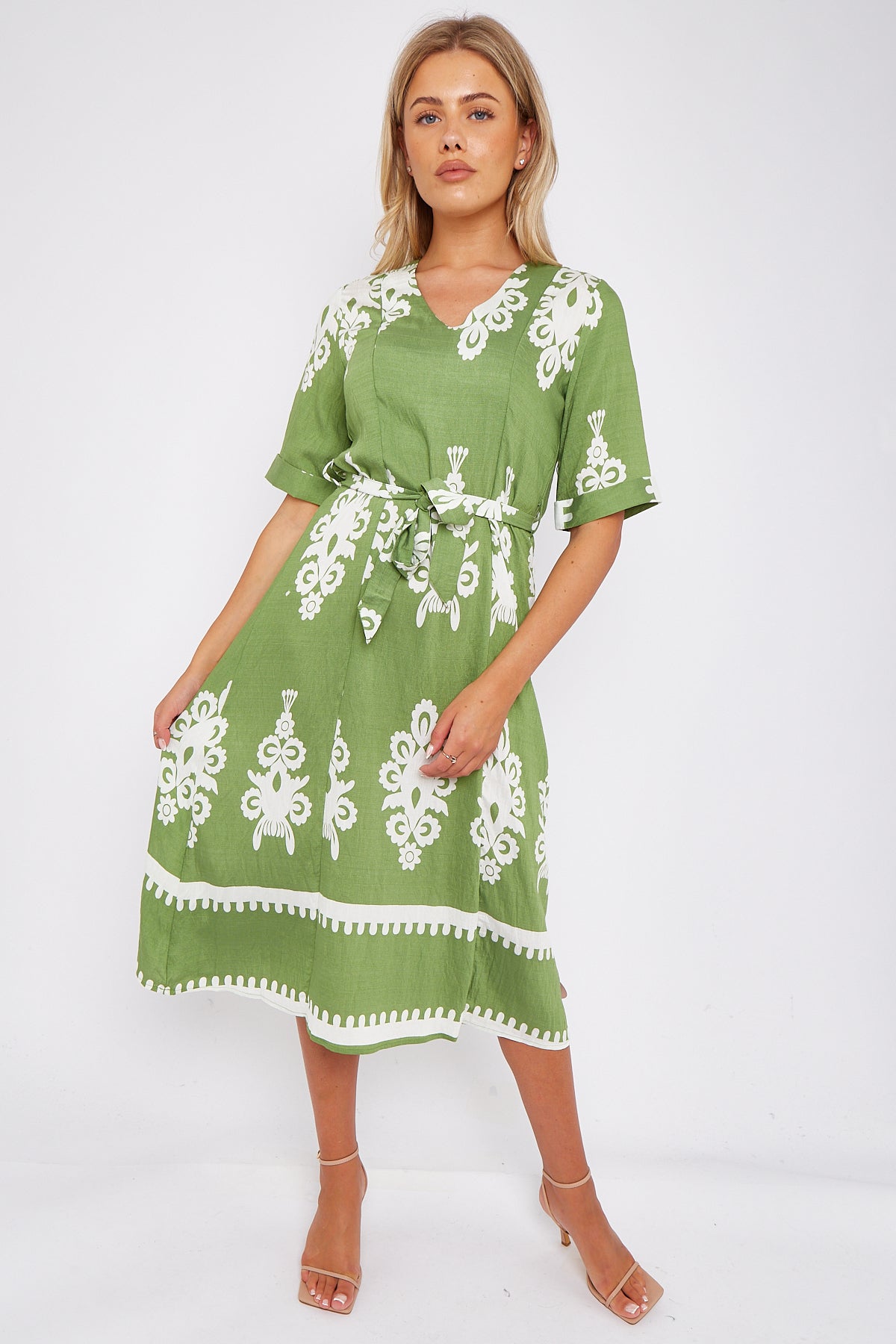 8Pcs Green Pattern Print Short Sleeve Midi Dress