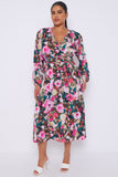 8Pcs Roses Print Teal Crossover Midi Dress