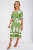 8Pcs Green Pattern Print Short Sleeve Midi Dress