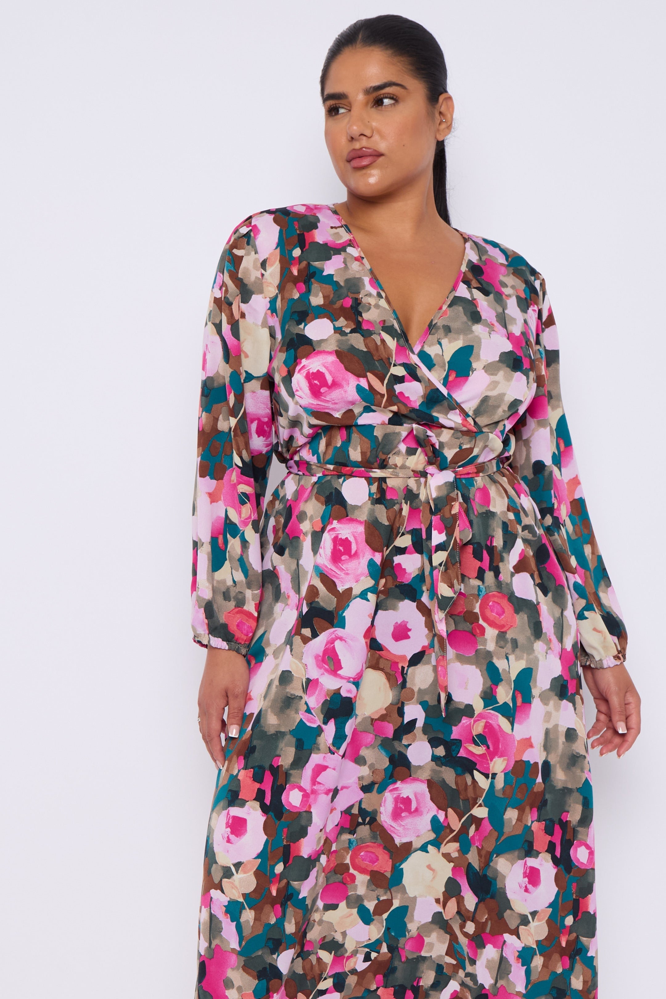 8Pcs Roses Print Teal Crossover Midi Dress