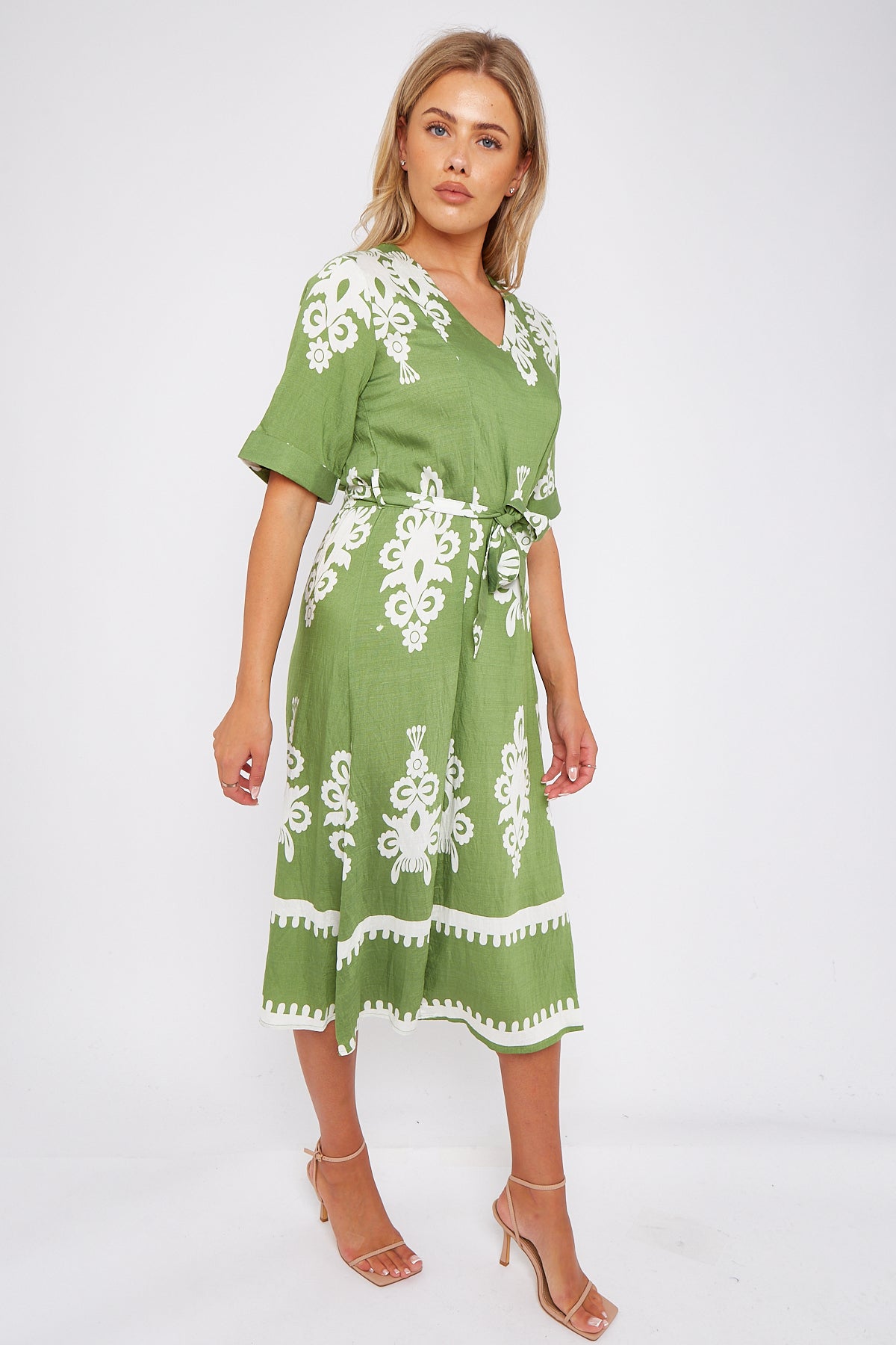 8Pcs Green Pattern Print Short Sleeve Midi Dress