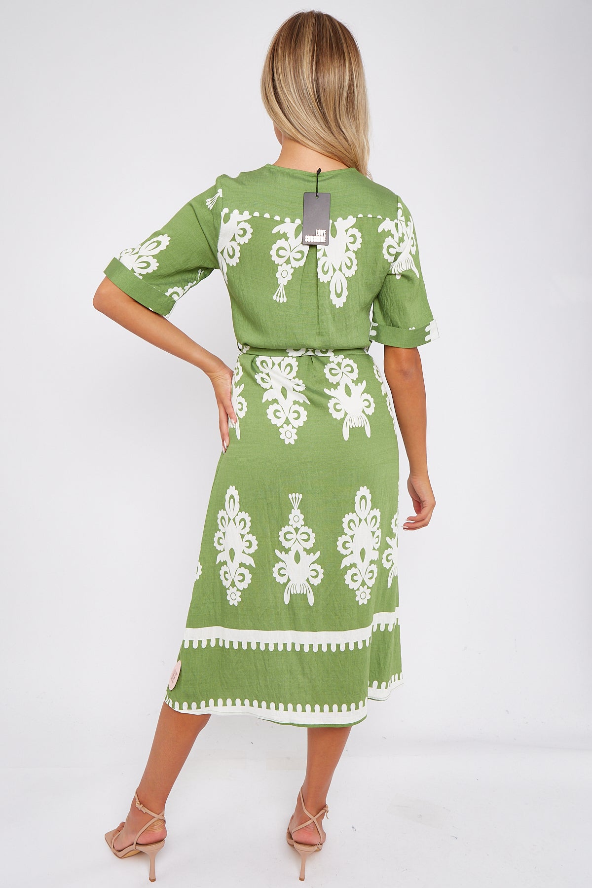 8Pcs Green Pattern Print Short Sleeve Midi Dress
