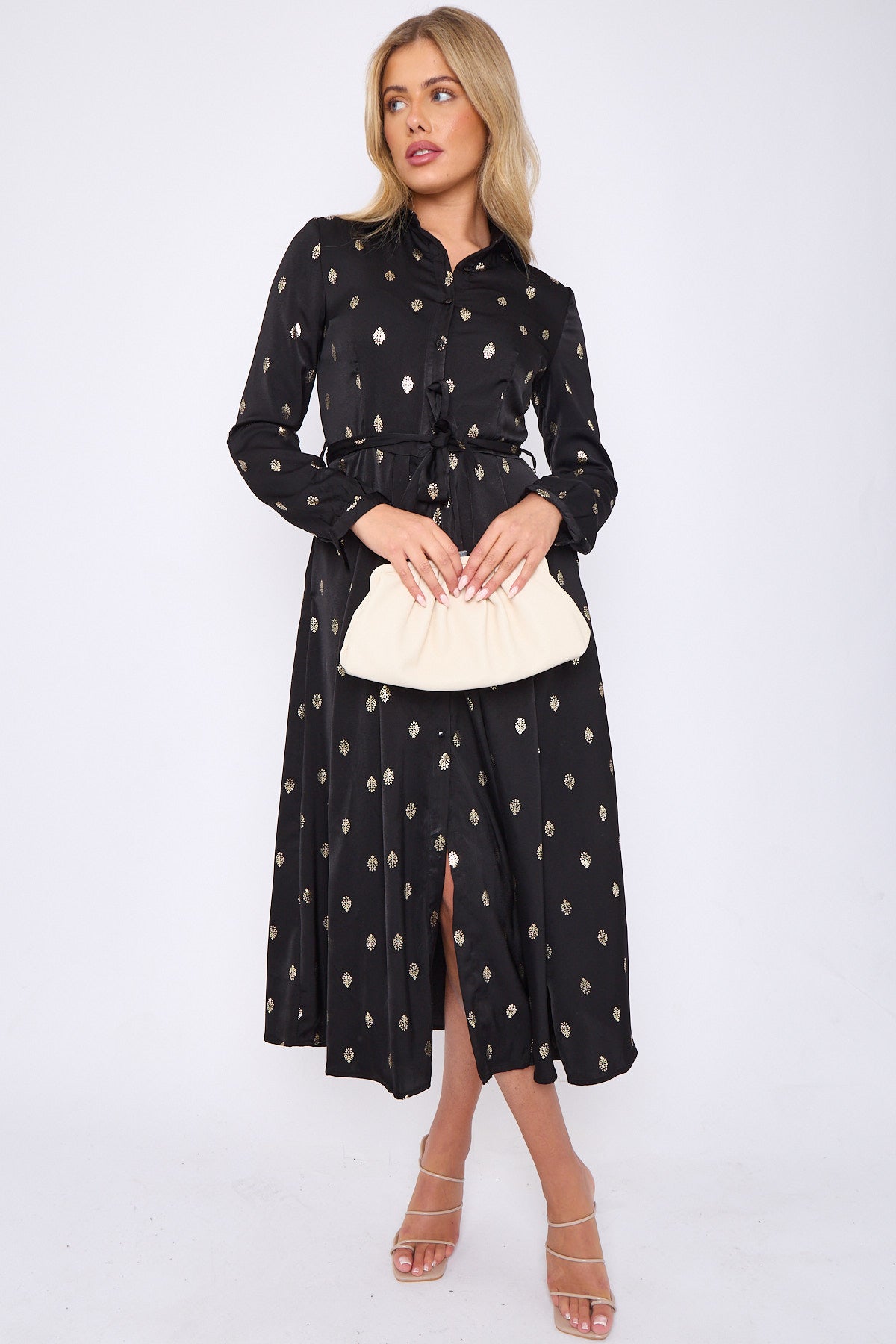 8Pcs Gold Foil Pattern Print Black Midaxi Shirt Dress