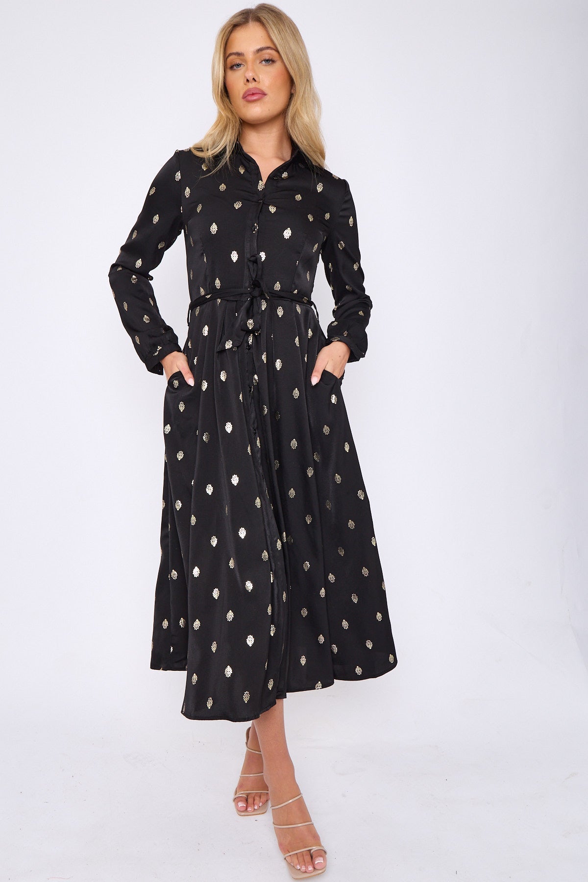8Pcs Gold Foil Pattern Print Black Midaxi Shirt Dress