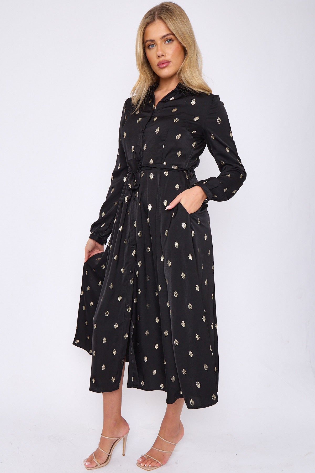 8Pcs Gold Foil Pattern Print Black Midaxi Shirt Dress