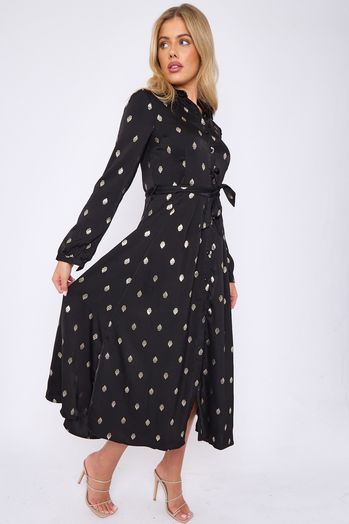 8Pcs Gold Foil Pattern Print Black Midaxi Shirt Dress