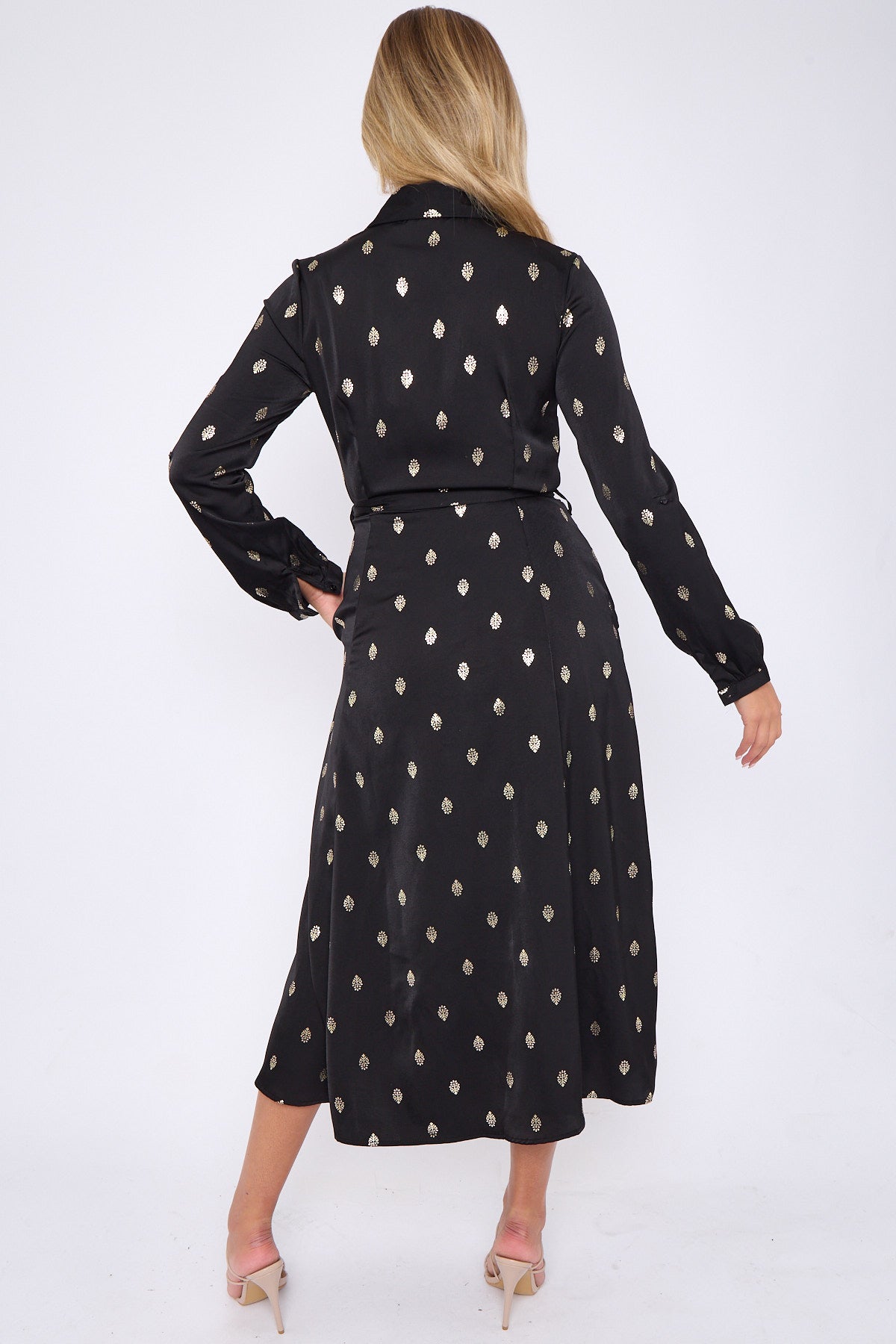 8Pcs Gold Foil Pattern Print Black Midaxi Shirt Dress