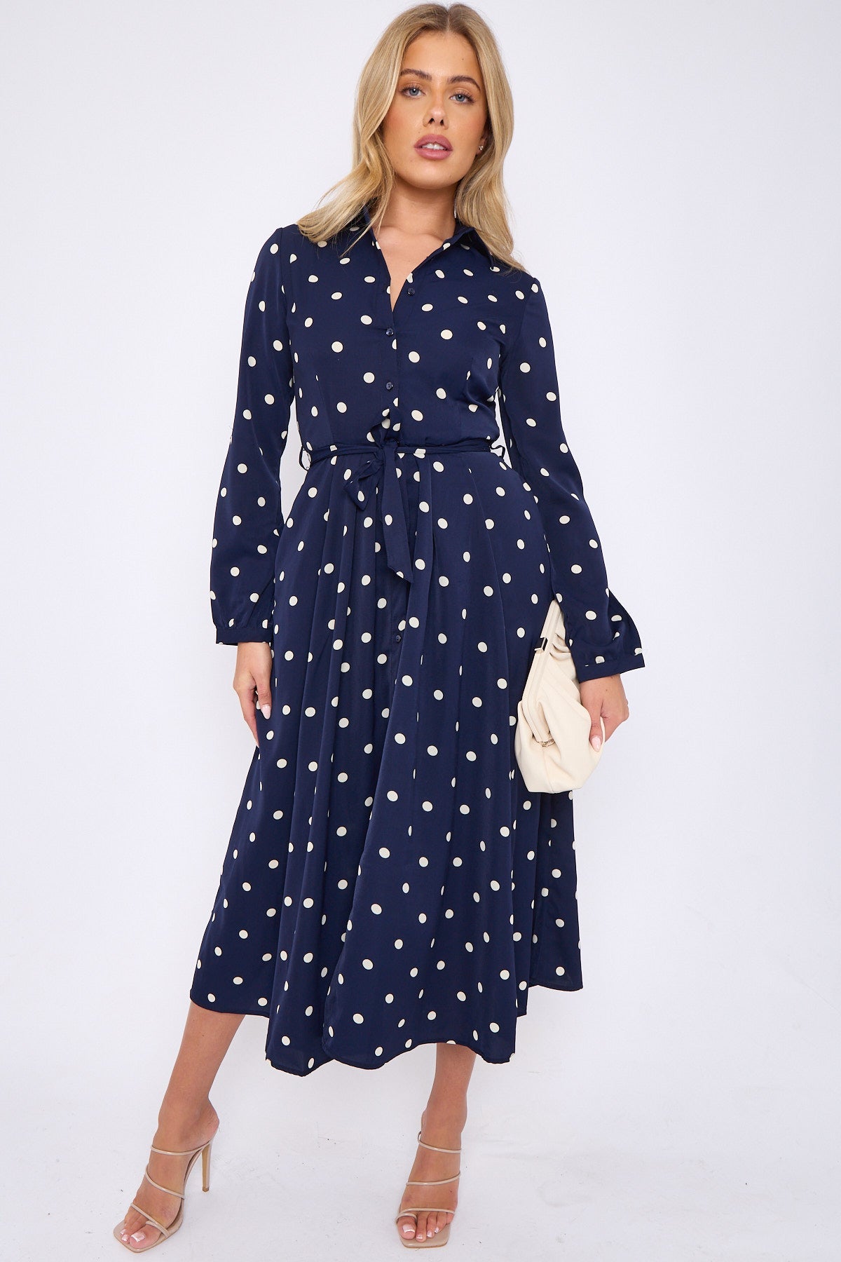 8Pcs Navy Polka Dot Print Midaxi Shirt Dress