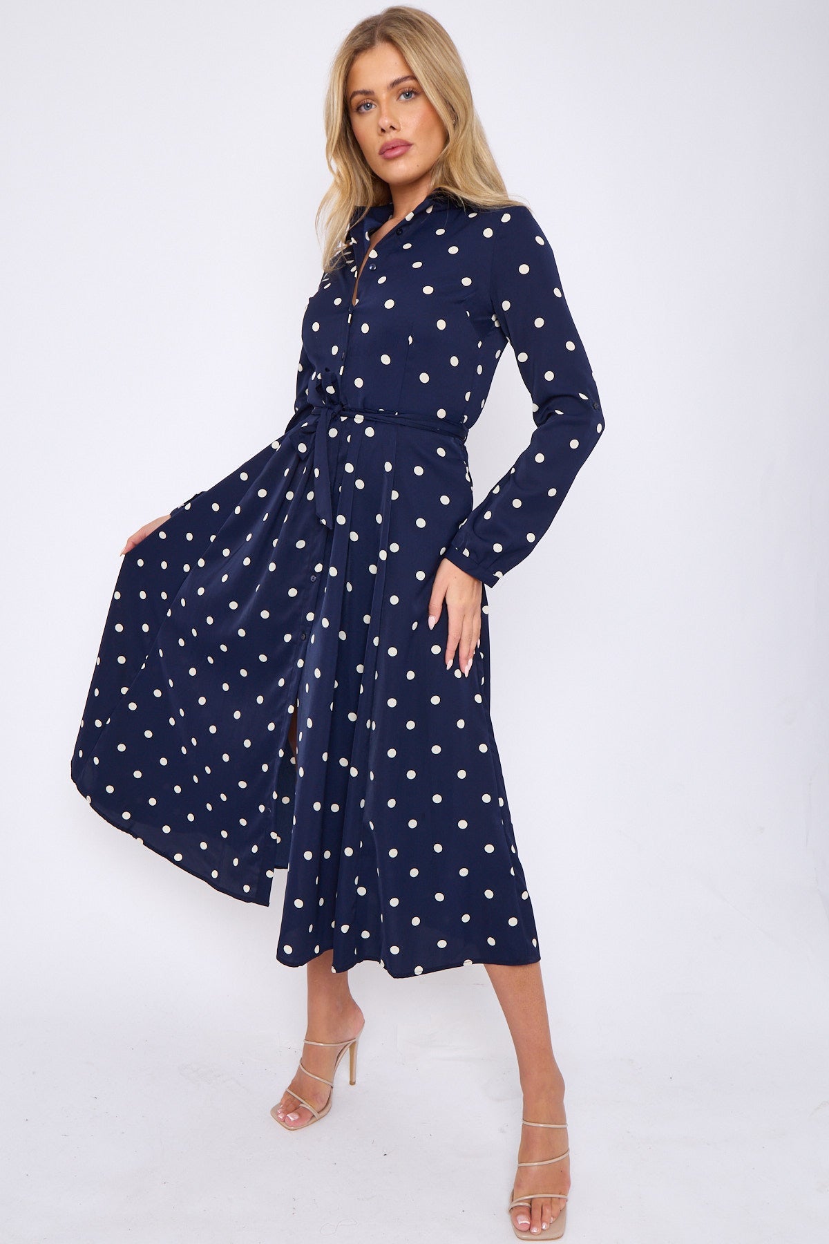 8Pcs Navy Polka Dot Print Midaxi Shirt Dress