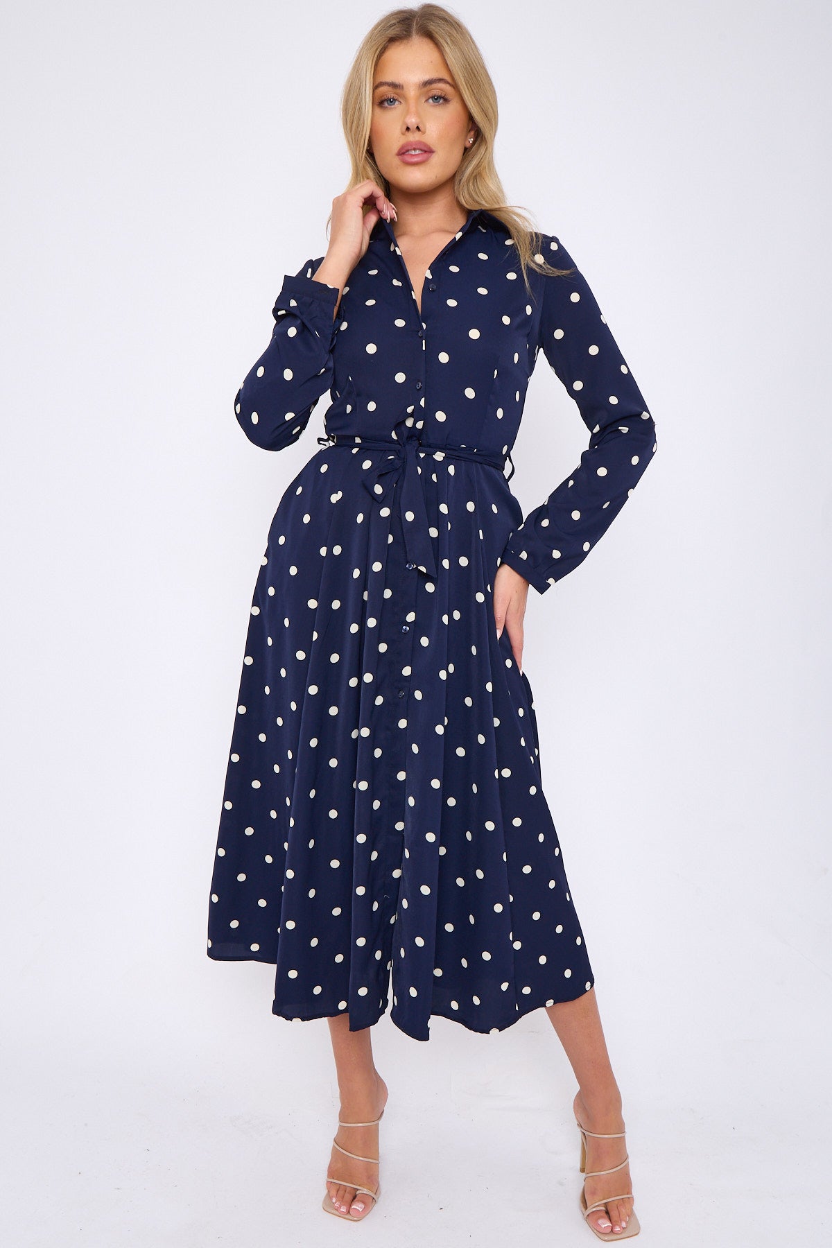 8Pcs Navy Polka Dot Print Midaxi Shirt Dress
