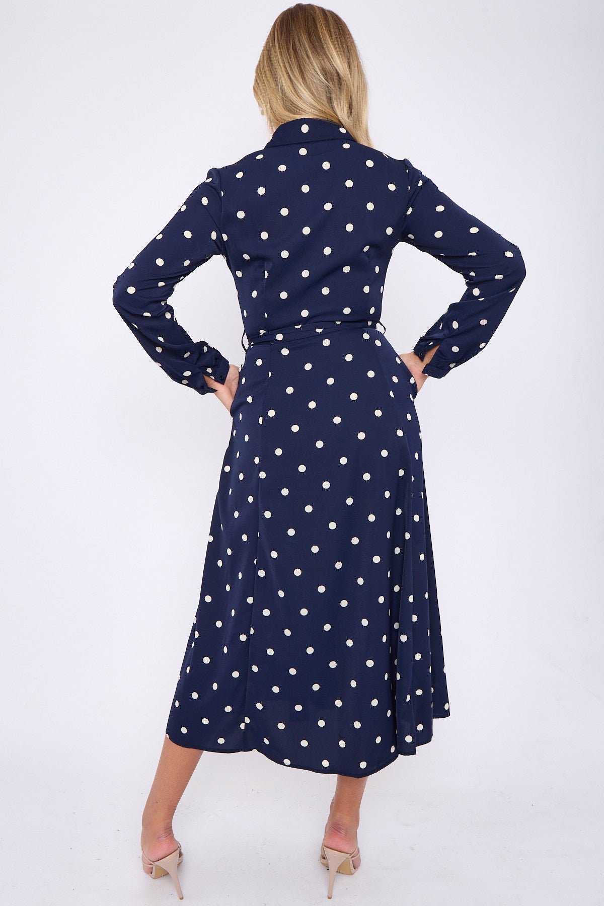 8Pcs Navy Polka Dot Print Midaxi Shirt Dress