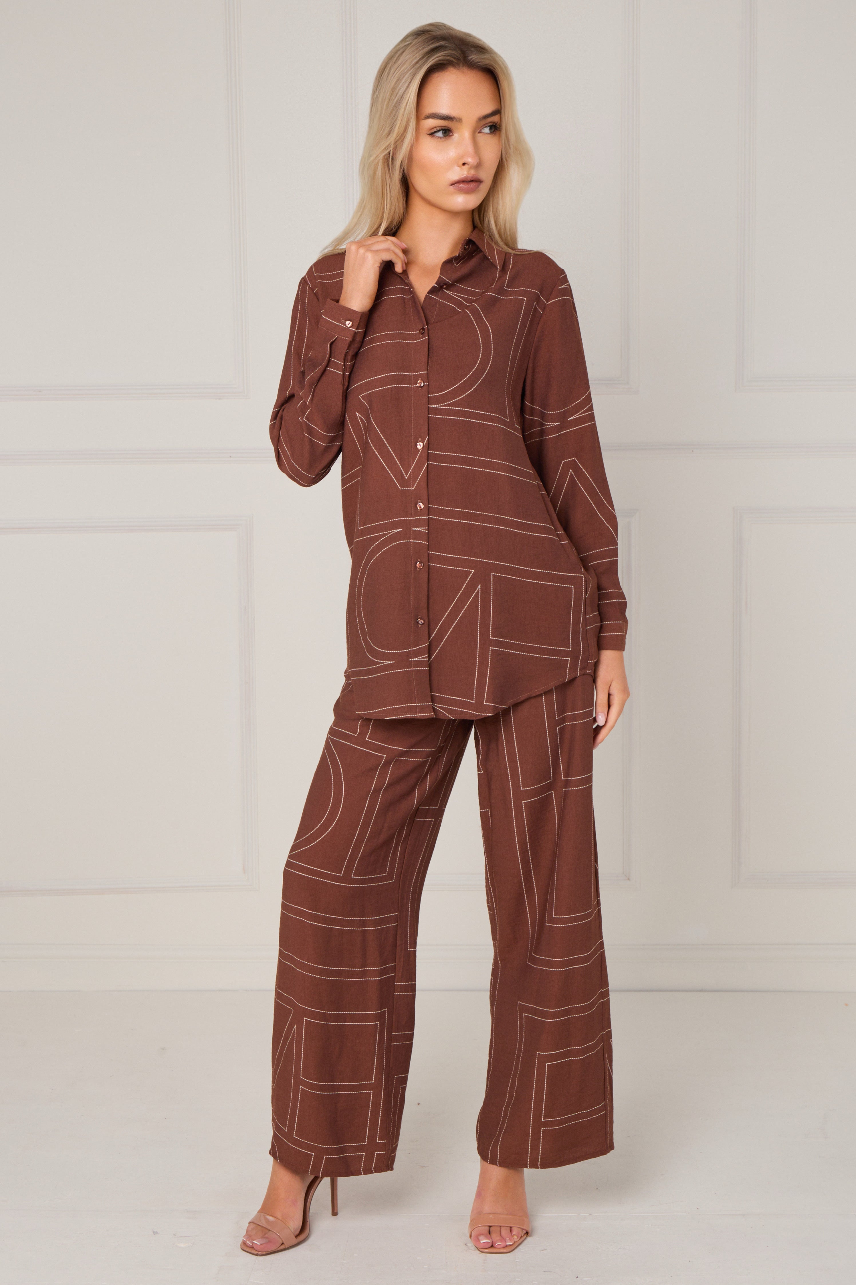 8Pcs Chocolate Geometric Line Print Wide-Leg Co-ord