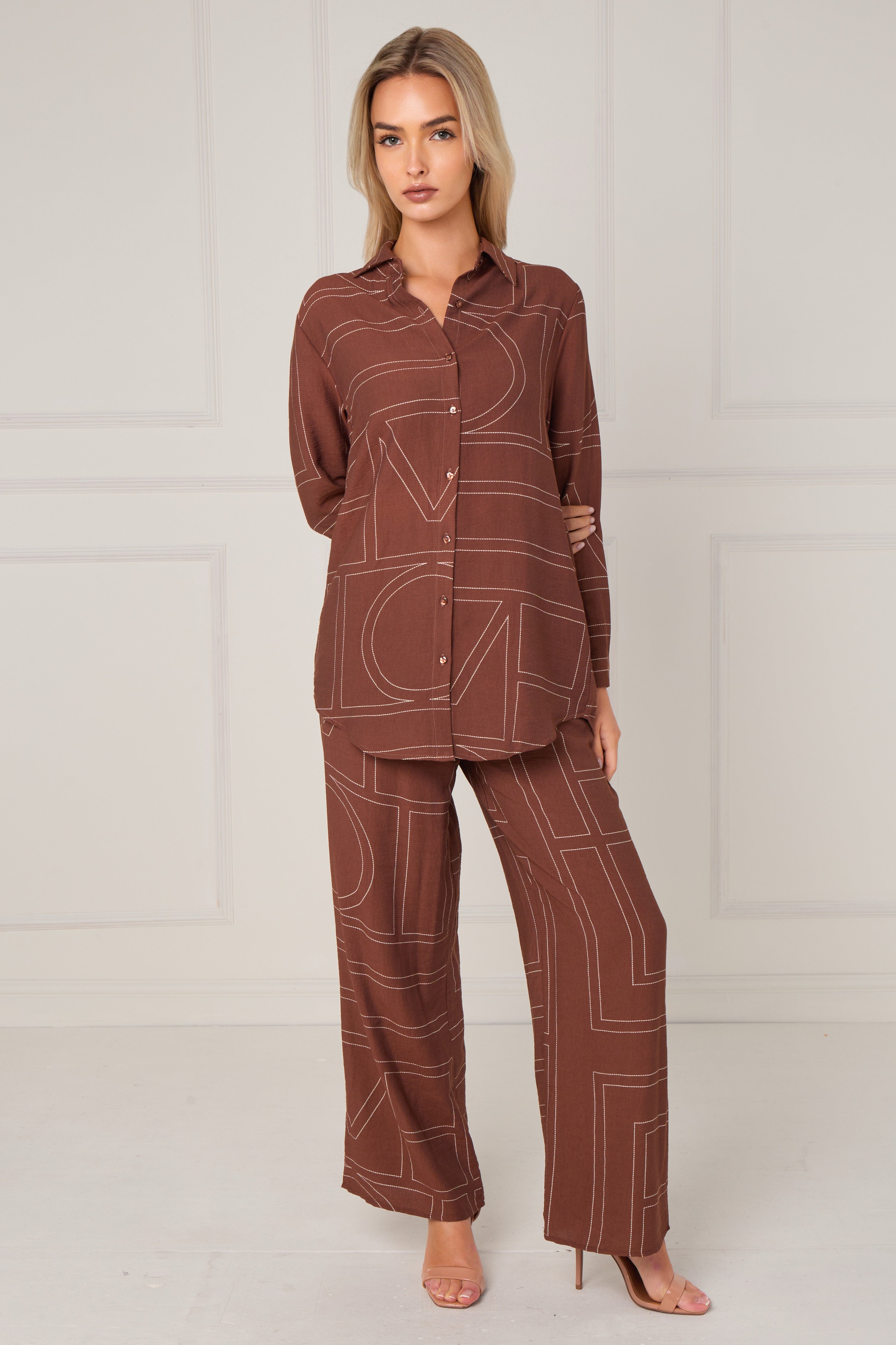 8Pcs Chocolate Geometric Line Print Wide-Leg Co-ord