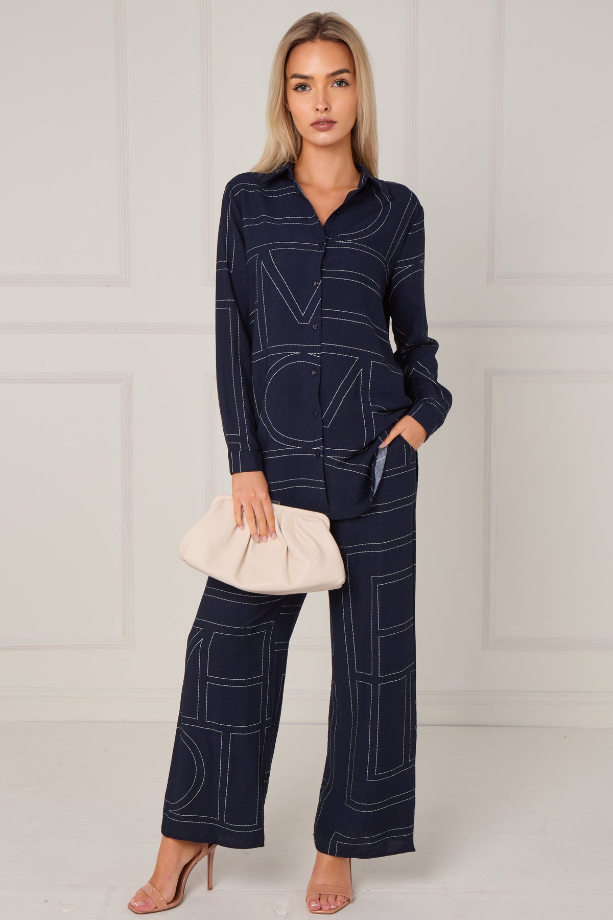 8Pcs Navy Geometric Line Print Wide-Leg Co-ord