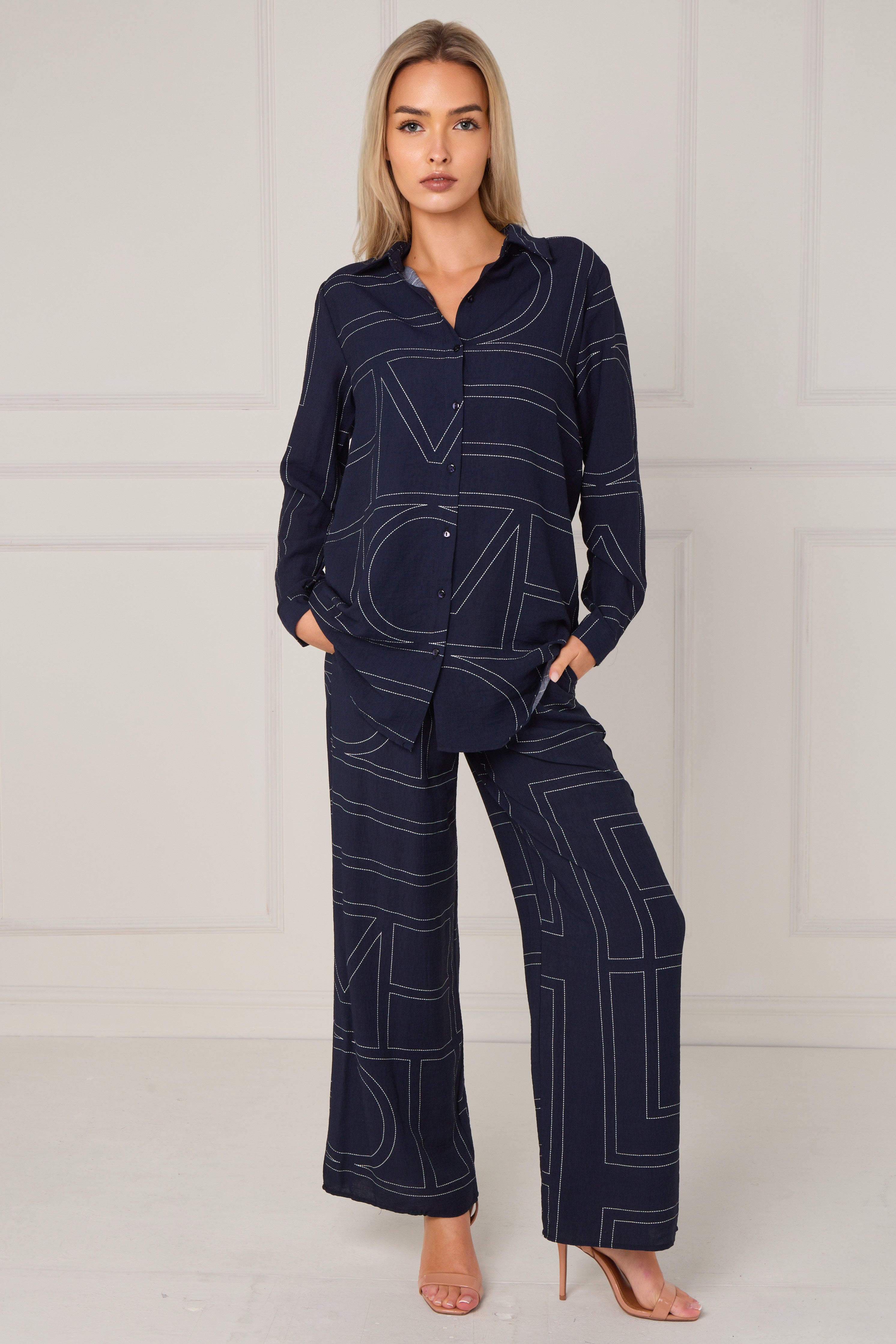 8Pcs Navy Geometric Line Print Wide-Leg Co-ord