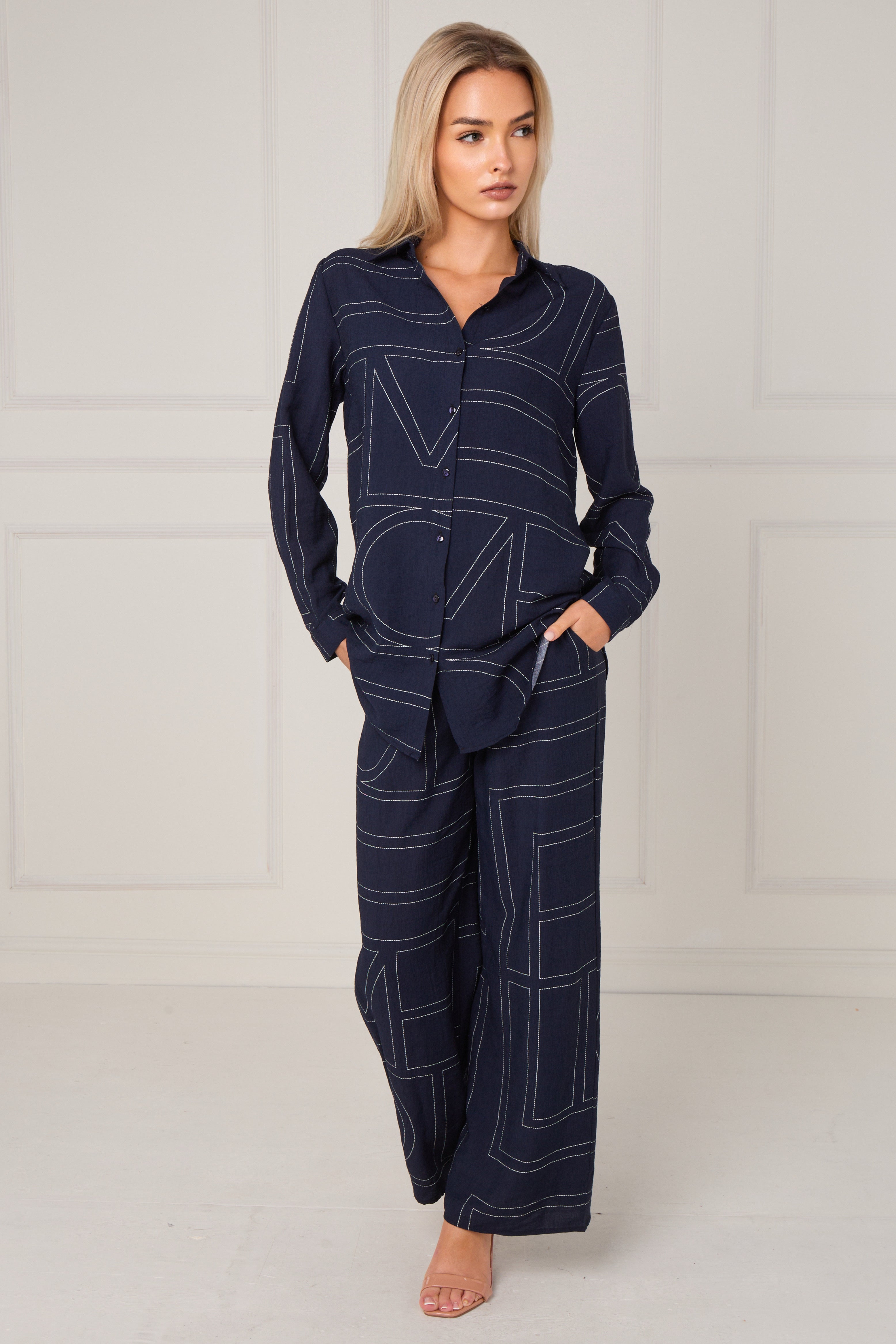 8Pcs Navy Geometric Line Print Wide-Leg Co-ord