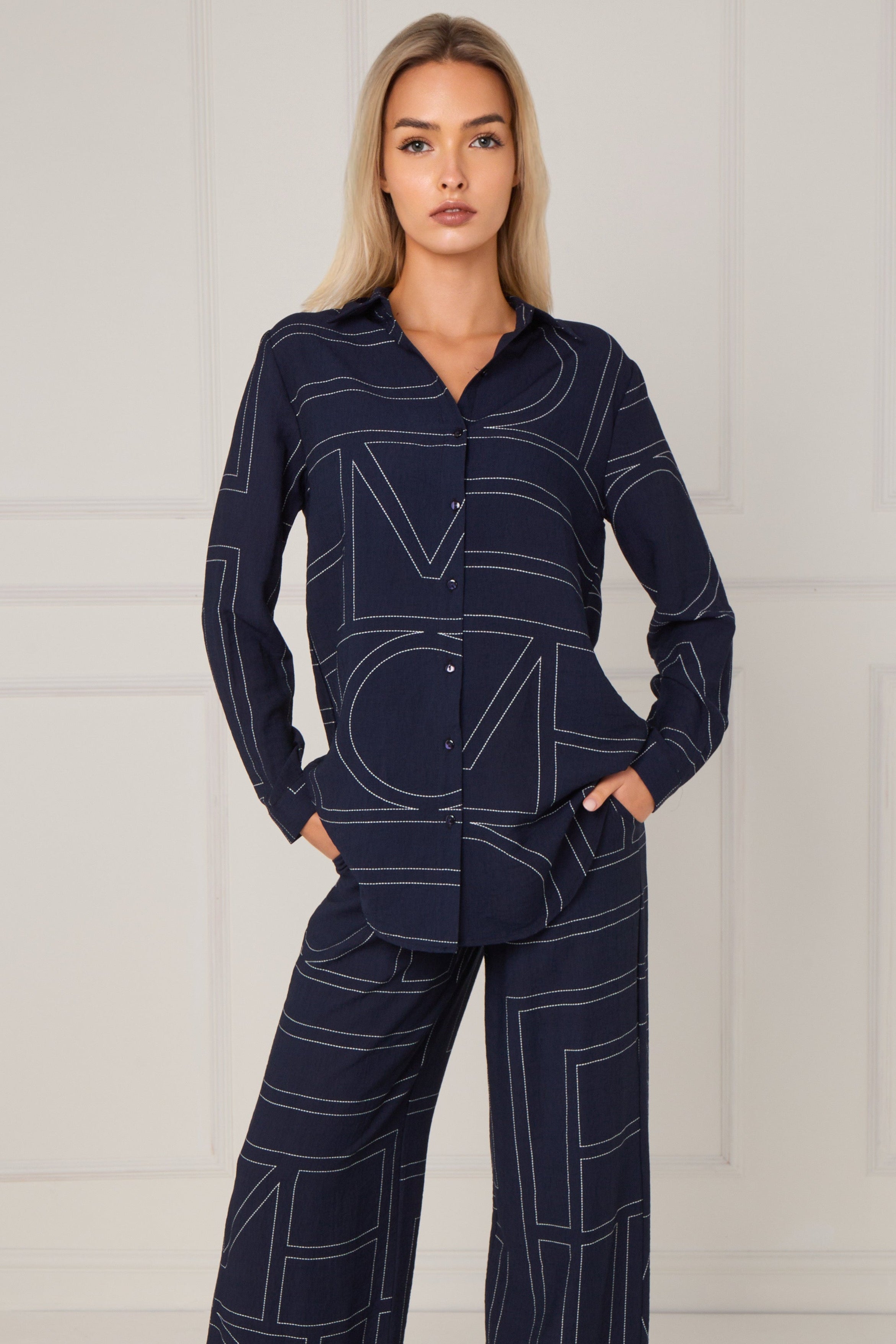 8Pcs Navy Geometric Line Print Wide-Leg Co-ord