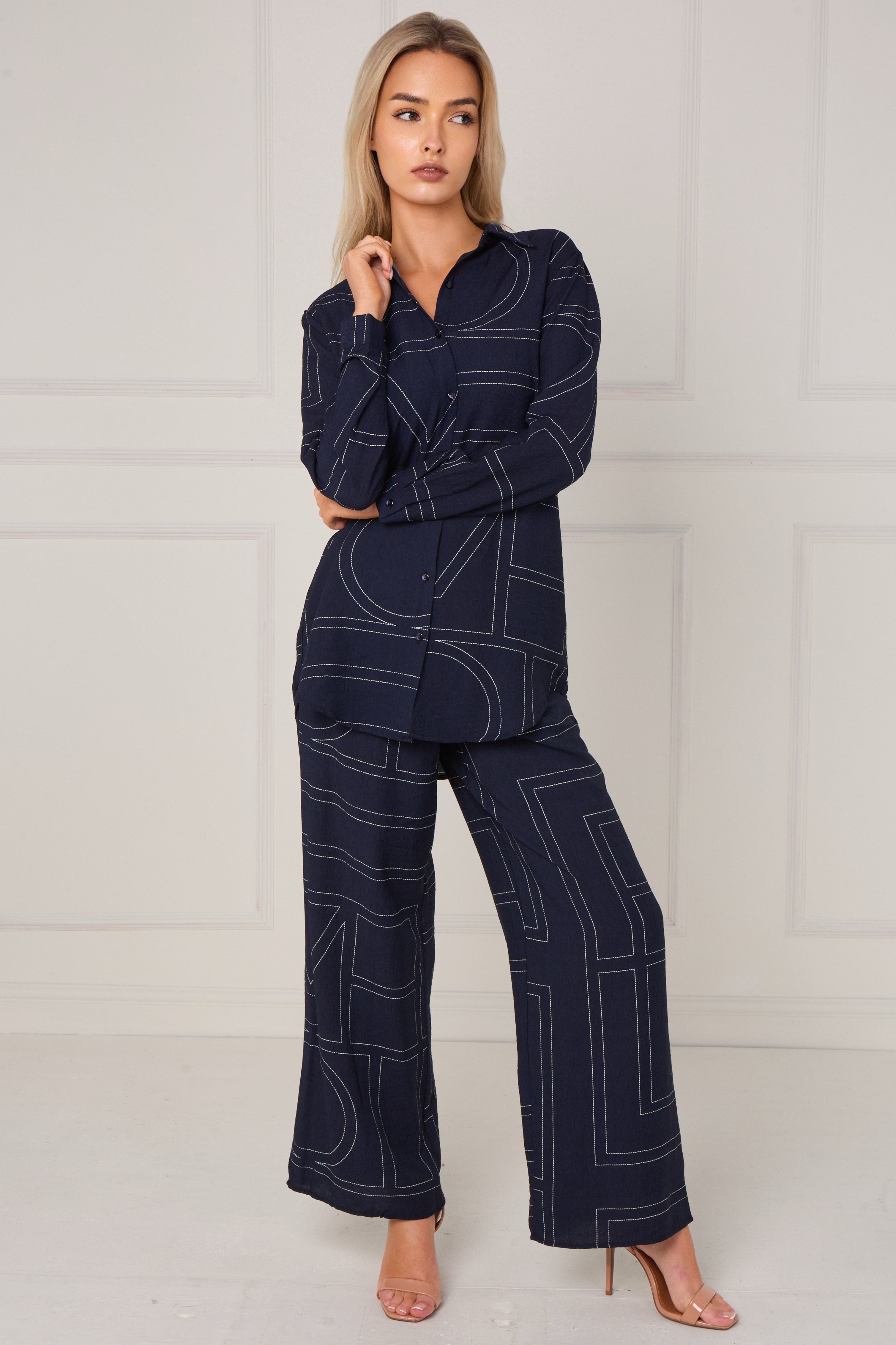 8Pcs Navy Geometric Line Print Wide-Leg Co-ord