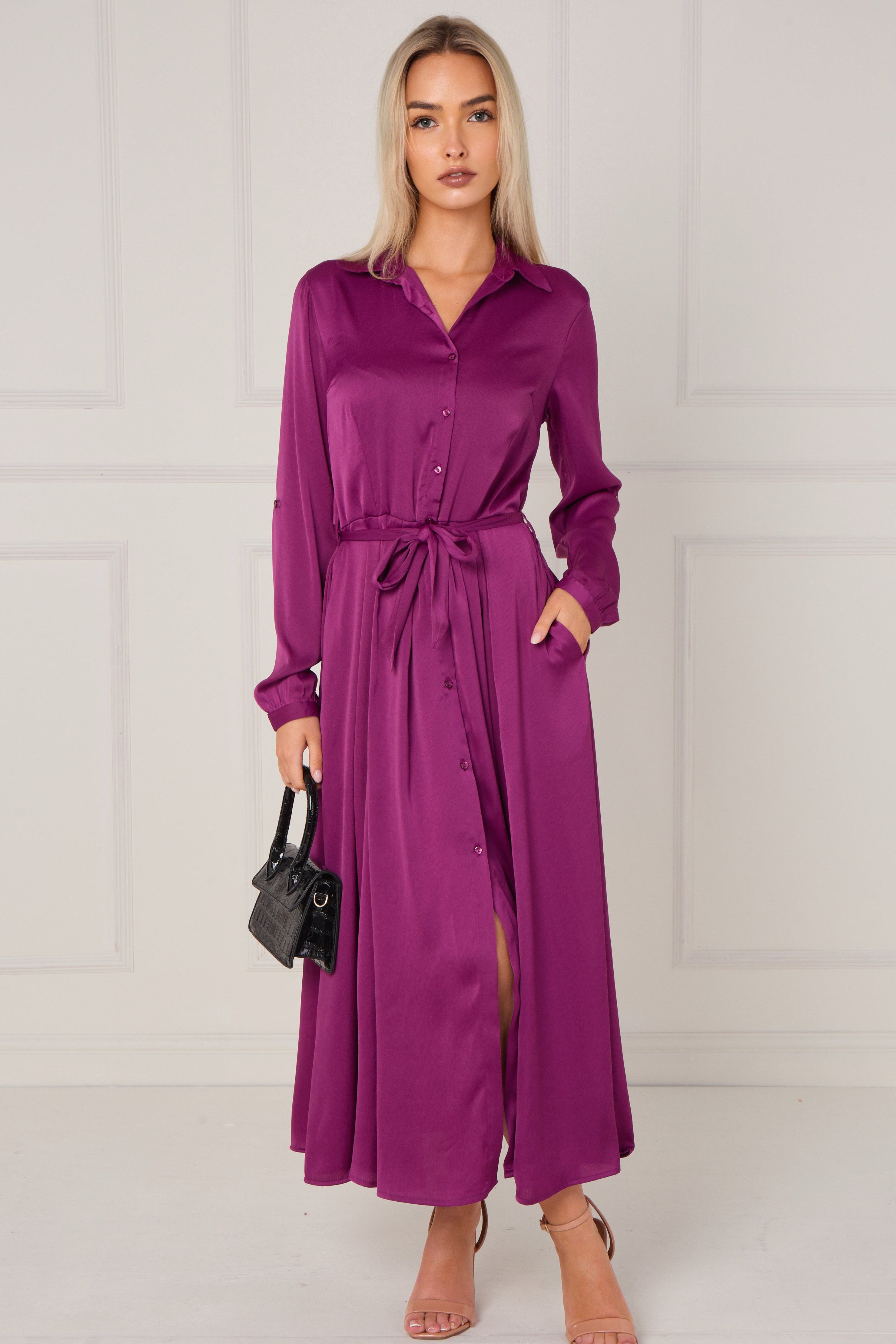8Pcs Magenta Layered Satin Long Sleeve Maxi Shirt Dress